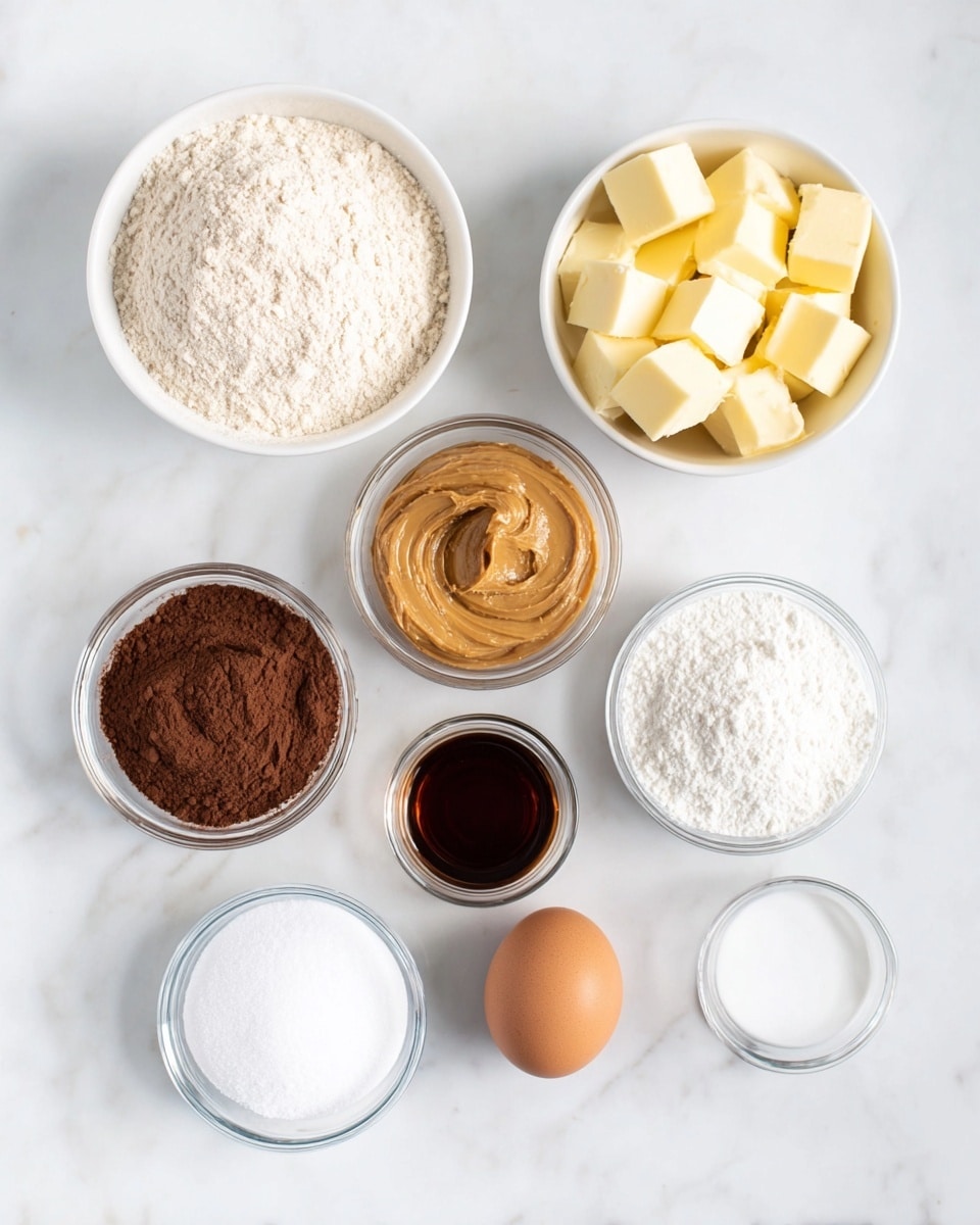 The image shows eight small bowls and one egg arranged on a white marbled surface. Starting from the top left, a white bowl is filled with light beige flour. Below it, another white bowl holds creamy light brown peanut butter with a smooth texture. To the right of the flour is a small clear glass bowl with white baking soda powder. Below that is a white bowl filled with yellow cubed butter. Next to the butter, on the right, is a white bowl with dark brown cocoa powder. In the bottom left corner, a white bowl contains white granulated sugar. Below the butter and to the left is a small clear bowl with dark brown vanilla extract. On the far right, a white bowl holds white powdered sugar. Finally, an egg with a smooth brown shell sits between the granulated sugar and powdered sugar. The items are spread evenly, creating a clean and organized look. Photo taken with an iphone --ar 4:5 --v 7