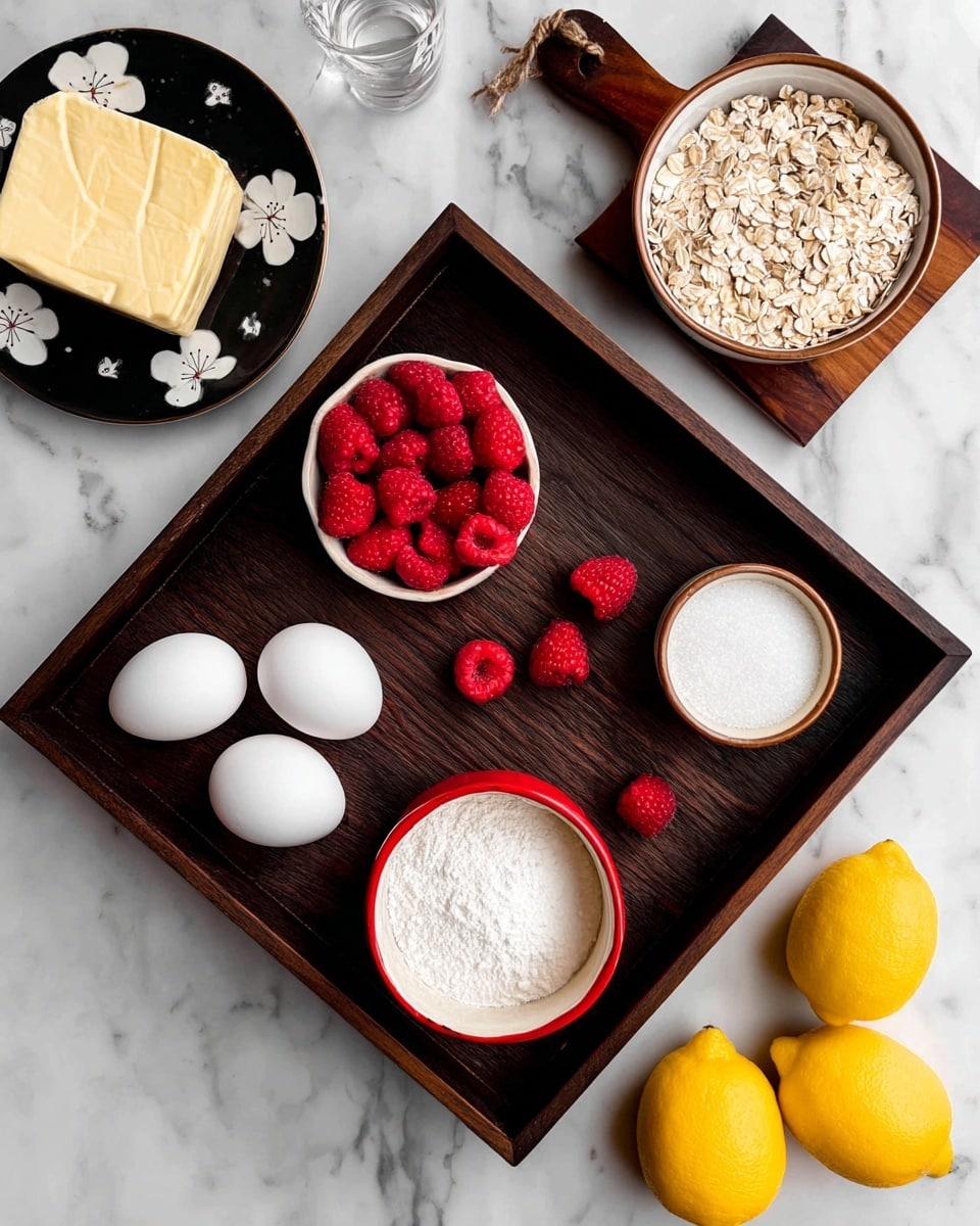 A dark wooden tray sits on a white marbled surface, holding fresh bright yellow lemons at the bottom right. Above them, a small white bowl is filled with fine white powder. In the center, a red small pot contains white sugar, surrounded by scattered red raspberries next to a white bowl full of more fresh raspberries. To the left, three white eggs rest on the tray, and nearby on the table is a white bowl filled with dry oats. Above the tray, a small dark wooden board holds a small clear glass container with a liquid and a small brown-rimmed white bowl filled with white powder. A black plate with white flower designs is in the top left corner holding a chunk of butter. The overall colors are soft with vibrant reds and yellows standing out on the dark wood and white marbled background, photo taken with an iphone --ar 4:5 --v 7