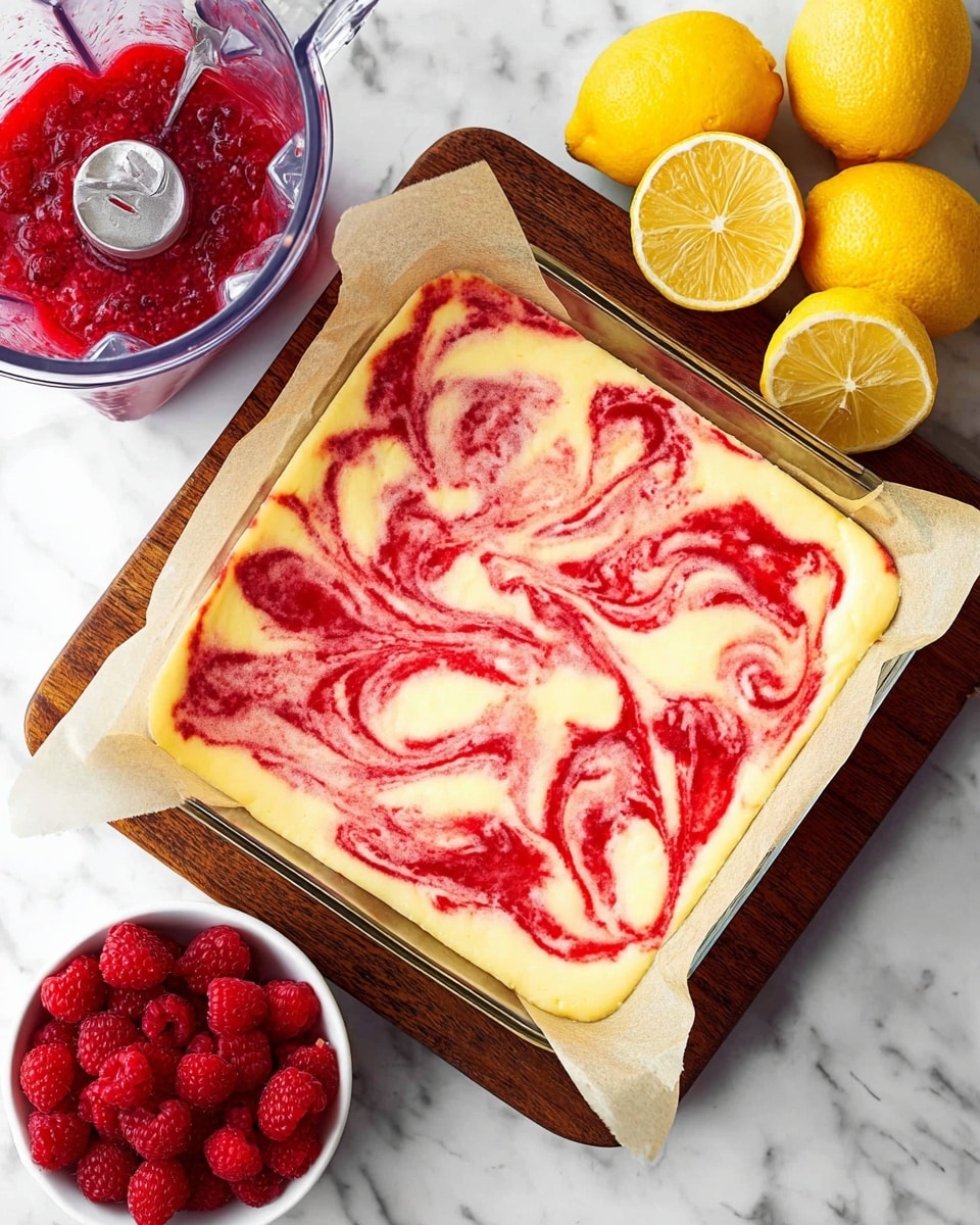 A square glass baking dish lined with light beige parchment paper holds a dessert with two main layers: a creamy pale yellow base with a smooth texture, and bright red swirls on top that create a marbled pattern over the creamy layer. The dish is on a dark wooden board, placed on a white marbled surface. Nearby, there is a small white bowl filled with fresh bright red raspberries, and three yellow lemons, two whole and one cut in half showing the juicy inside. A clear glass blender container with some of the red mixture and a silver spoon rests at the top left of the image. Photo taken with an iphone --ar 4:5 --v 7