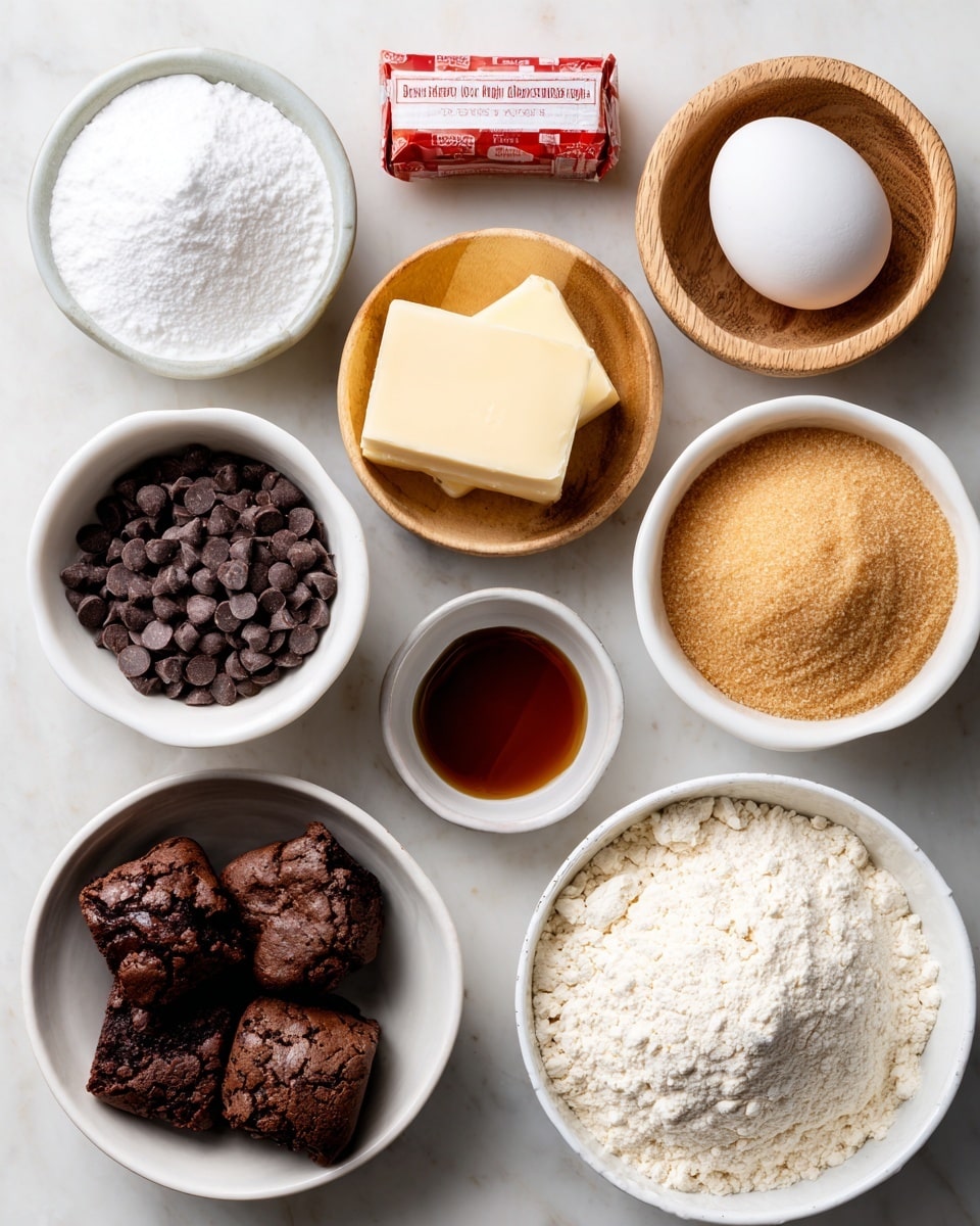 The image shows nine small white bowls placed on a white marbled surface, each containing different baking ingredients. Starting from the top left, there is a bowl with white baking soda, next to it a wooden bowl with a single white egg, and another wooden bowl with white baking powder. To the right is a small white bowl filled with dark amber vanilla extract. Below these, there is a white bowl filled with dark brown semisweet chocolate chips, a wrapped stick of salted butter in red and white packaging next to it. On the bottom left, a white bowl holds dark brown brownie bites, and next to it is a white bowl filled with light brown sugar. Finally, at the bottom right, a large white bowl contains fine white all-purpose flour. Each item is clearly visible, arranged neatly in a balanced layout. photo taken with an iphone --ar 4:5 --v 7