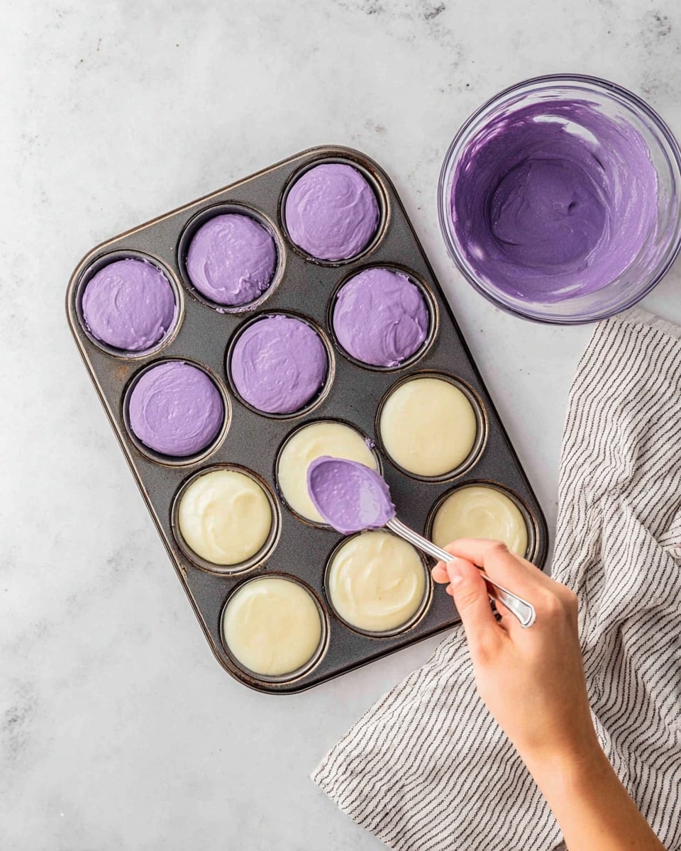 Mini cheesecakes are shown on a black wire rack over a white marbled surface, each consisting of three layers: a light brown crumbly base at the bottom, a creamy yellow middle layer, and a thick top layer of smooth purple frosting. A woman's hand is holding a silver spoon dripping a glossy dark red sauce onto one cupcake’s purple top layer. More mini cheesecakes are blurred in the background, all with similar layers and some already topped with the red sauce. The image is bright and clear, highlighting the rich colors and textures of the dessert photo taken with an iphone --ar 4:5 --v 7