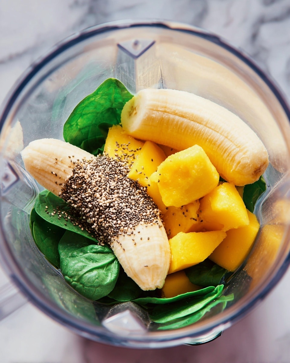 Inside a clear blender, there are four main layers of ingredients. At the bottom, fresh dark green spinach leaves create a leafy bed. On top of the spinach, there are bright yellow frozen mango cubes, rough textured and thick. Over the mango, two whole peeled bananas lie diagonally, one resting beside the other with a smooth creamy surface. Finally, small beige chia seeds are sprinkled on top, some resting on a few spinach leaves. The blender is set on a white marbled surface. photo taken with an iphone --ar 4:5 --v 7