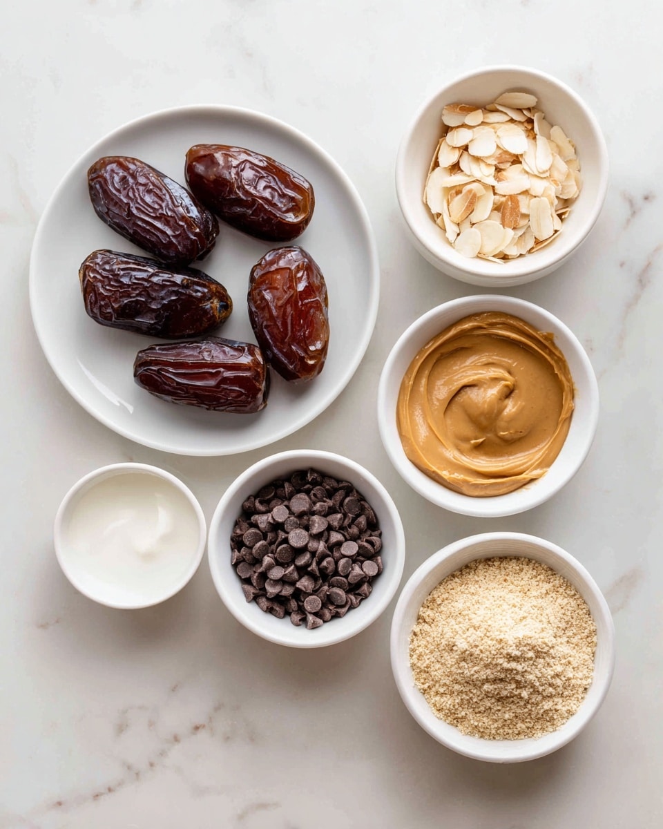The image shows six white bowls and plates, each with a different ingredient, all placed on a white marbled surface. At the top left is a white plate with seven dark brown Medjool dates, each shiny and wrinkled. To the top right is a small white bowl filled with pale cream almond flakes. Below and slightly to the left is a white bowl containing many small, round, dark brown chocolate chips. Next to it is a small white bowl filled with smooth, light brown peanut butter. At the bottom left is a very small white bowl holding a dollop of solid white coconut oil. Finally, at the bottom right is a white bowl with a light beige, grainy pile of almond flour. photo taken with an iphone --ar 4:5 --v 7