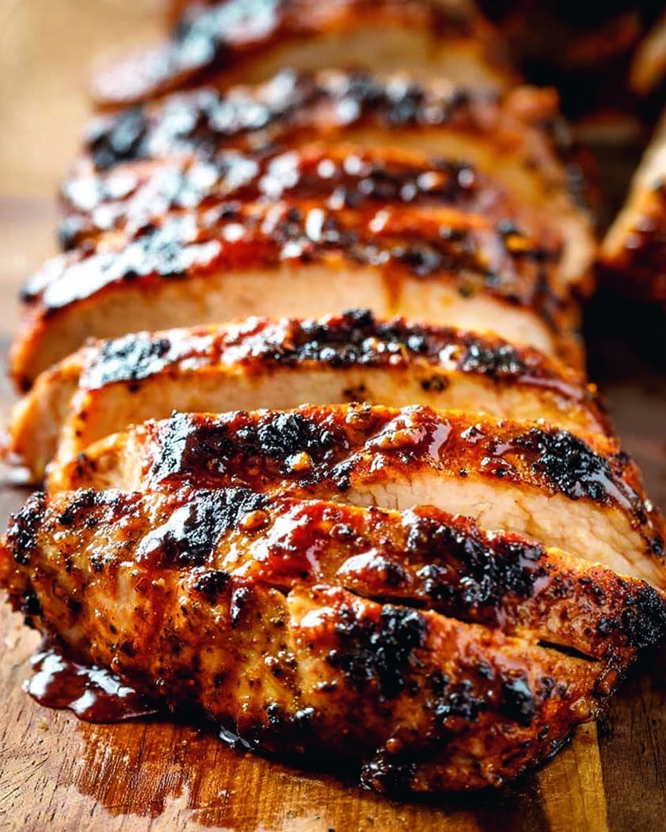 A close-up view of sliced, grilled meat arranged neatly in a row on a wooden board, each slice coated with a glossy, reddish-brown sauce that has charred, blackened grill marks adding texture and depth. The edges of the slices show a slight curl, revealing the tender, light beige inside contrasting with the dark sauce outside. Small pools of the sauce drip slightly onto the board, enhancing the mouthwatering look. The background is blurred, focusing all attention on the meat’s glistening surface and rich colors. Photo taken with an iphone --ar 4:5 --v 7