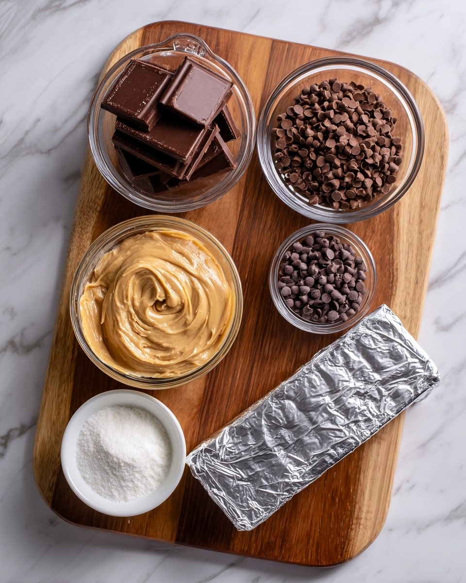 The image shows five ingredients arranged on a wooden board with clear labels. From the top left, there is a clear glass measuring cup filled with dark brown smooth chocolate melting wafers. Next to it on the right, a small clear glass bowl holds creamy peanut butter with a soft, thick texture and a light brown color. To the far right, another clear glass bowl is filled with tiny round mini chocolate chips, dark brown and slightly textured. Near the bottom left is a small white bowl containing fine white powdered sugar with a soft texture. At the bottom right, a silver foil-wrapped rectangle of cream cheese rests on the board. The background is a white marbled surface. Photo taken with an iphone --ar 4:5 --v 7