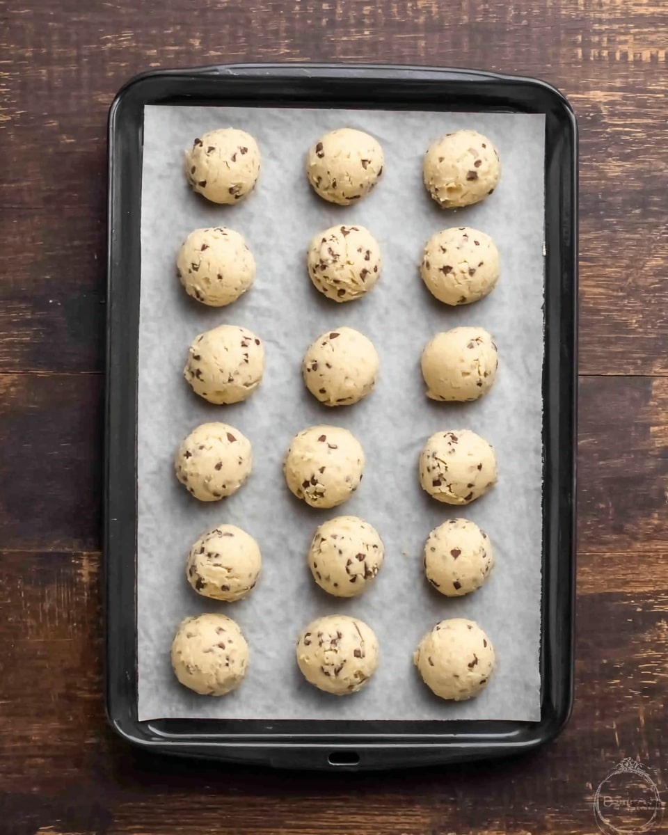 The image shows a black rectangular baking tray lined with light gray parchment paper. On the tray, there are fifteen round cookie dough balls arranged in three rows of five. Each dough ball is off-white with small dark spots evenly spread throughout, indicating chocolate chips or similar small ingredients. The tray sits on a dark wooden surface, but the surface will be imagined as white marbled texture. photo taken with an iphone --ar 4:5 --v 7