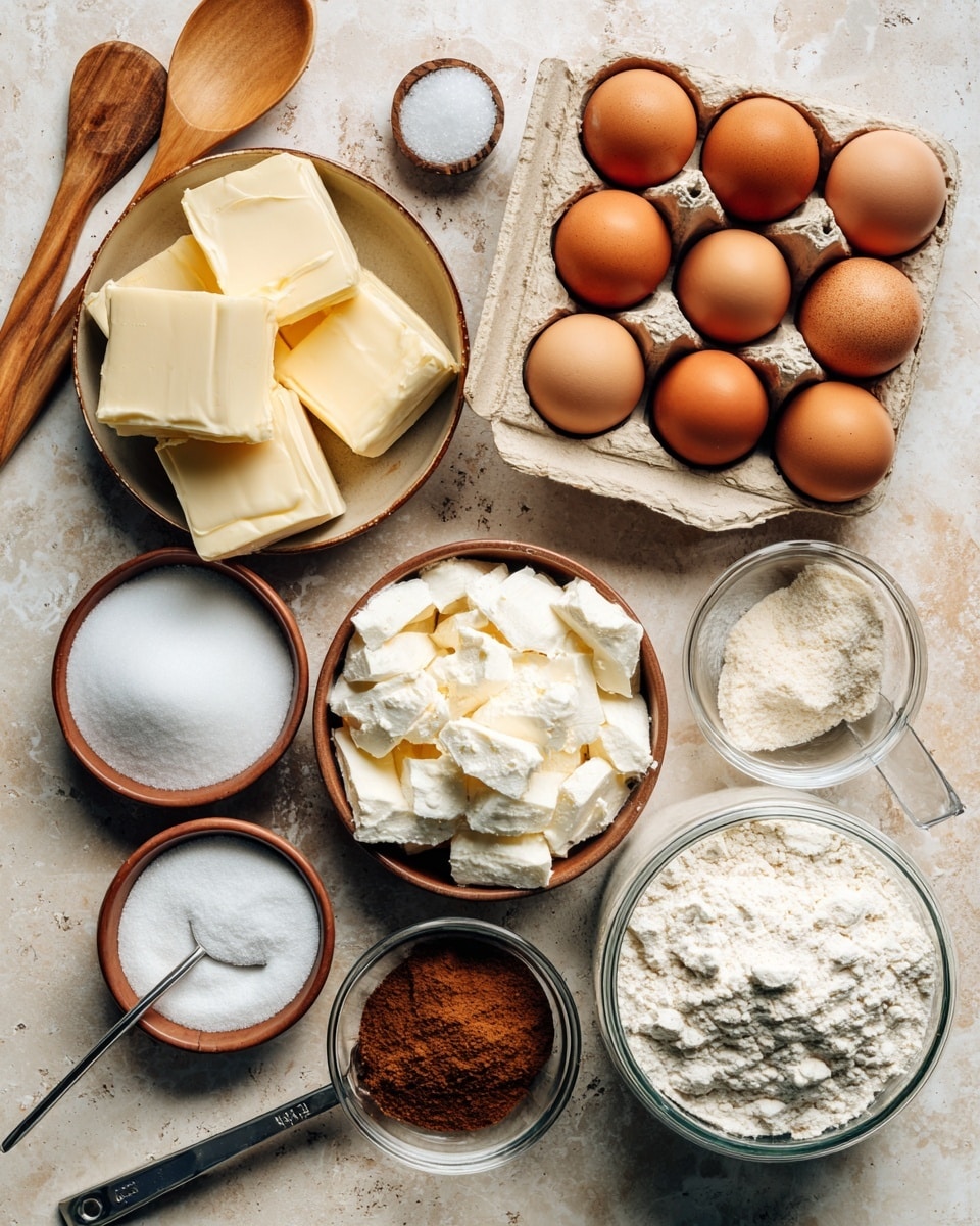The image shows various baking ingredients neatly arranged on a white marbled surface. In the center, there is a carton holding six brown eggs. To the left of the eggs, there is a brown bowl with several blocks of pale yellow butter and two wooden spoons, one with white baking soda and the other with white baking powder. Below the eggs, there is a small clear bowl with white sugar and a metal measuring cup inside. To the right of the eggs, there is another brown bowl filled with white cream cheese chunks, a small white bowl with brown cinnamon powder, and a clear jar filled with white flour with its lid open. Above the eggs are two measuring spoons, one holding white salt and the other black vanilla powder. Everything is placed on a light beige surface with a slightly rough texture. photo taken with an iphone --ar 4:5 --v 7