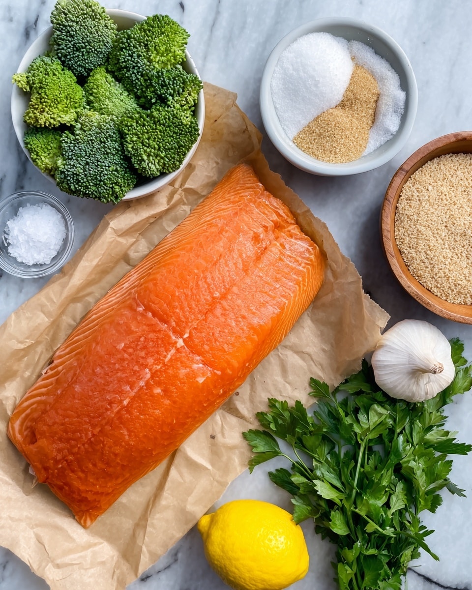 The image shows a fresh, large orange salmon fillet placed on light brown parchment paper on a white marbled surface. Around the salmon, there are white bowls filled with bright green broccoli, coarse salt, light brown crispy crumbs, and white flour. A small wooden bowl contains a white garlic bulb and a bright yellow lemon. Fresh green parsley leaves are scattered at the bottom right. The colors are natural with a clean white marble background giving a fresh and bright look. Photo taken with an iphone --ar 4:5 --v 7
