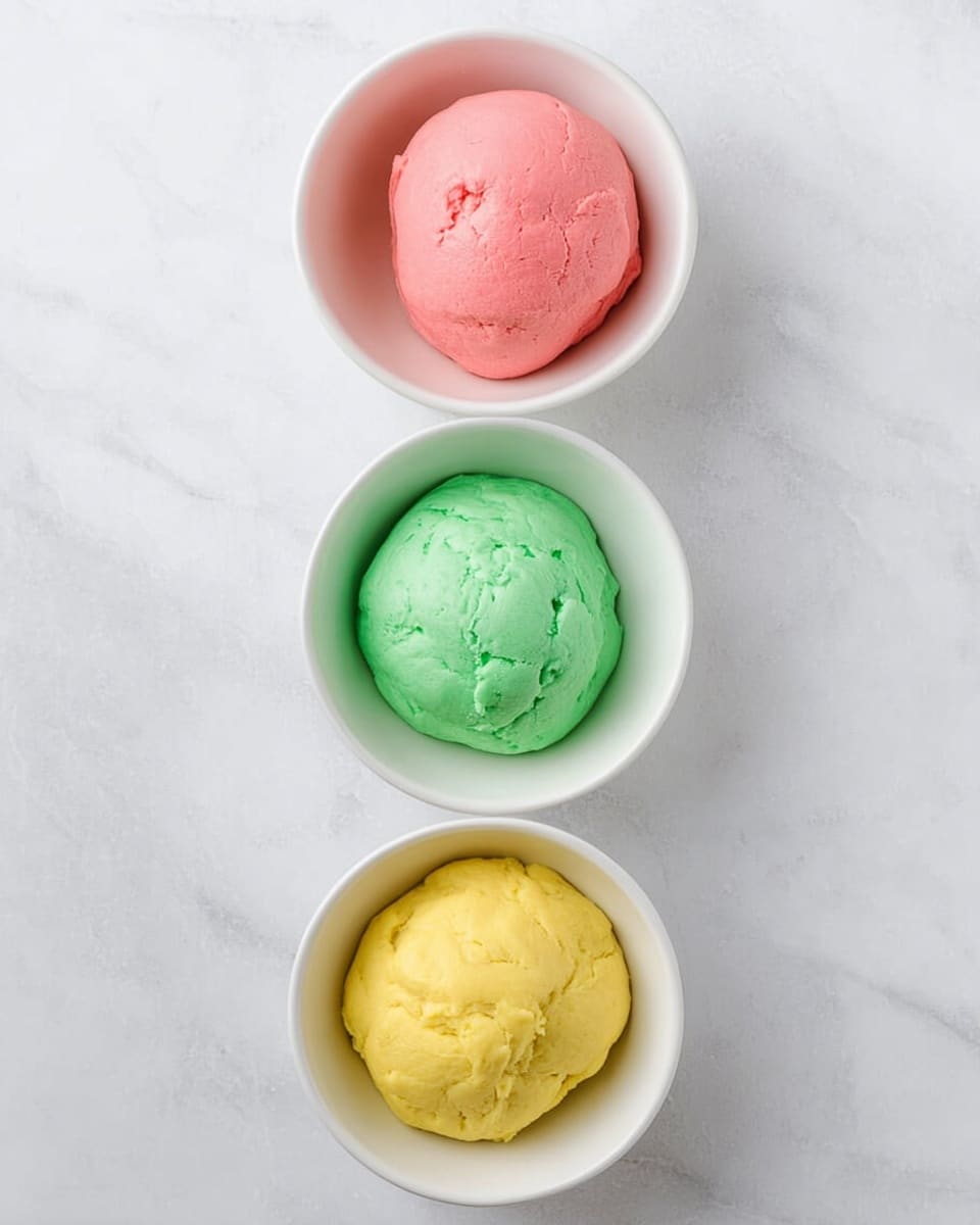 Three small white bowls sit on a white marbled surface, each containing a smooth ball of dough. The top bowl holds pink dough with a soft, slightly cracked look. The middle bowl contains bright green dough with a similar smooth but slightly rough surface. The bottom bowl has yellow dough, also smooth with small cracks. The bowls are arranged in a vertical line with even spacing. photo taken with an iphone --ar 4:5 --v 7