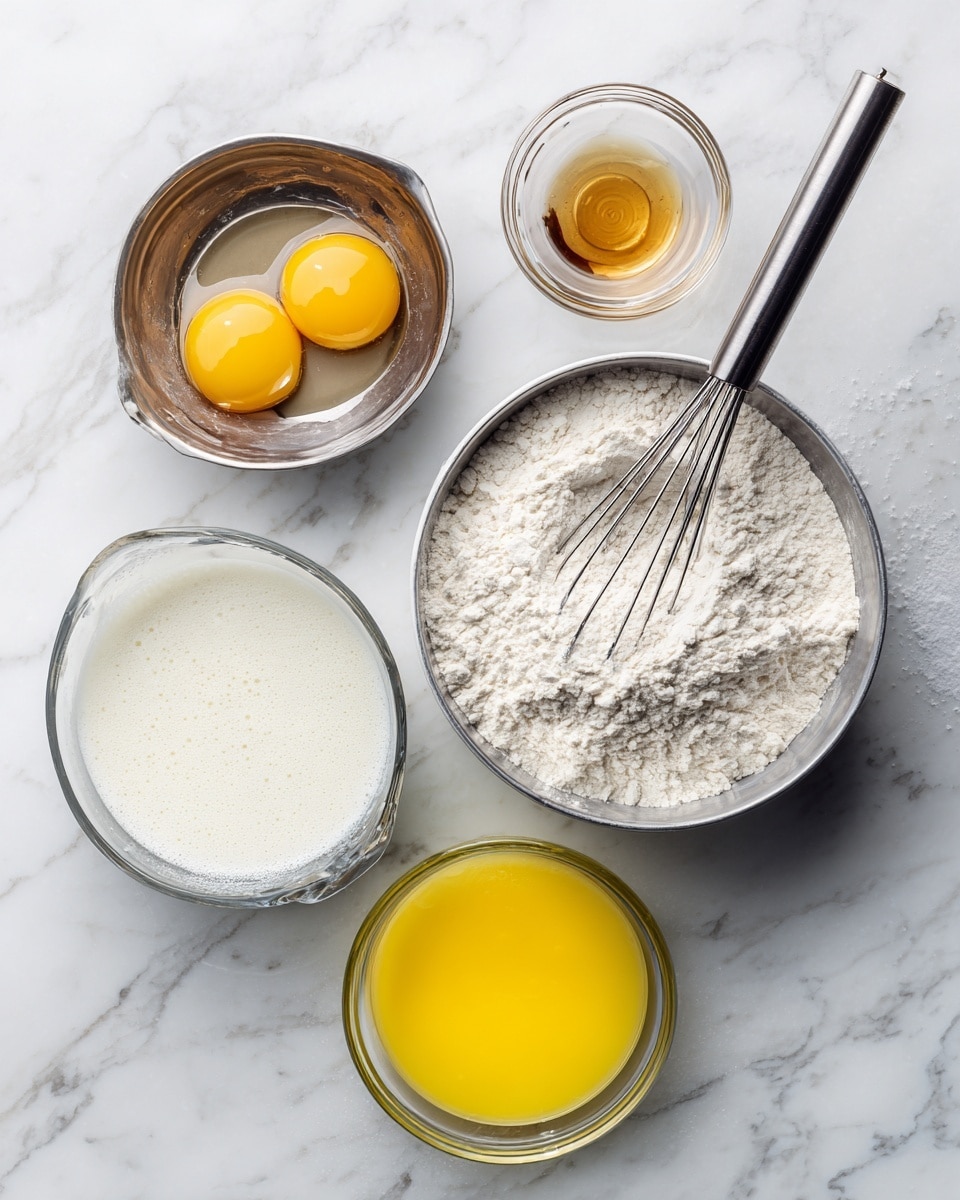 The image shows five separate clear and metal bowls on a white marbled surface, each with a different baking ingredient inside. At the top left, a small metal bowl holds two raw eggs with bright yellow yolks and translucent whites. Below it is a larger metal bowl filled with white powdery flour mixed with baking powder, baking soda, salt, and a metal whisk resting inside. To the top right, there is a small clear glass bowl with a light brown liquid labeled vanilla. Next to it, a larger clear measuring cup contains foamy, white buttermilk. At the bottom center, a clear glass bowl holds bright yellow melted butter. All bowls are neatly arranged with visible ingredients and labels on the white marbled surface photo taken with an iphone --ar 4:5 --v 7