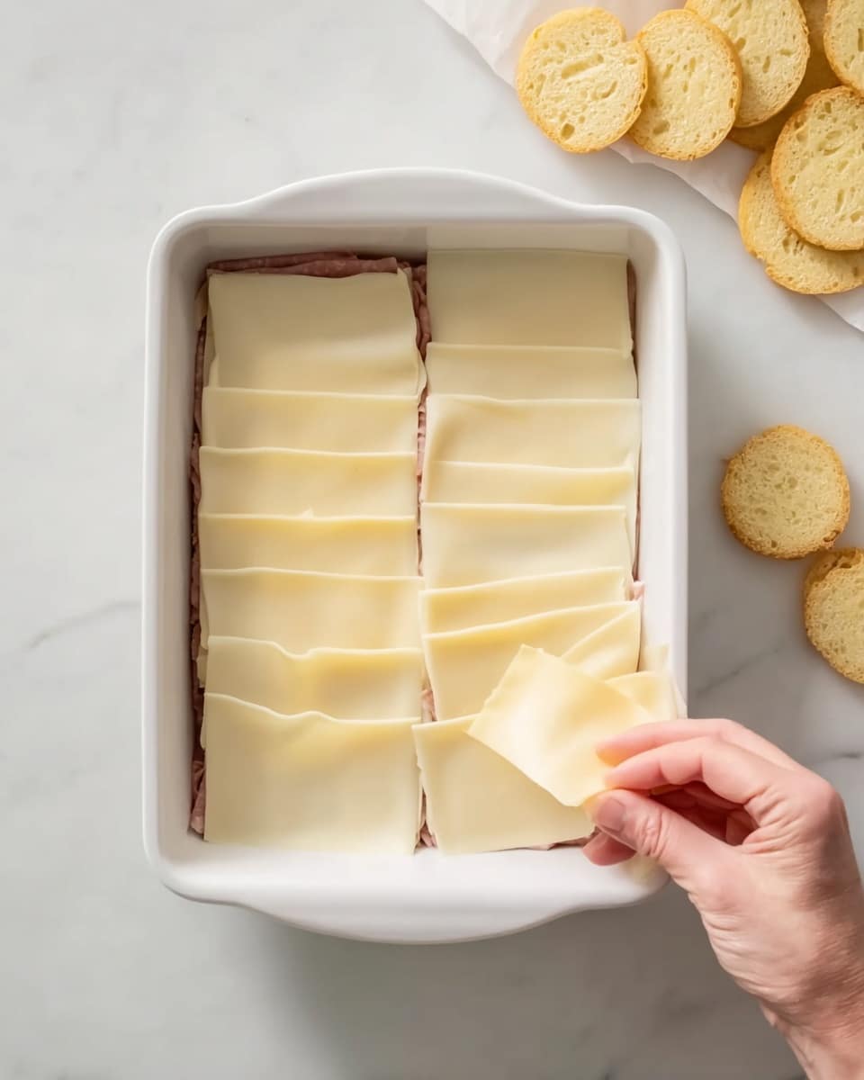 A white rectangular dish is shown with a layer of folded pale yellow cheese slices neatly covering thin pale brown meat inside. A woman's hand is placing one of the cheese slices in the right corner. The dish is set on a white marbled surface, and a few round yellow bread slices are on the upper right side nearby. Photo taken with an iphone --ar 4:5 --v 7