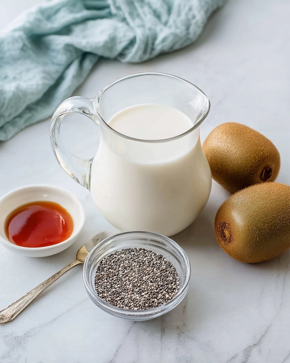 The image shows a clear glass jug filled with white milk at the center on a white marbled surface. Next to the jug, there are two whole brown kiwifruits, one placed near the front left and the other near the back left. In front of the jug, there is a small clear glass bowl filled with small black and white chia seeds. To the front left of the chia seeds, there is a small white bowl containing reddish-brown syrup. In the background on the left side, a light blue soft cloth is loosely arranged. Photo taken with an iphone --ar 4:5 --v 7