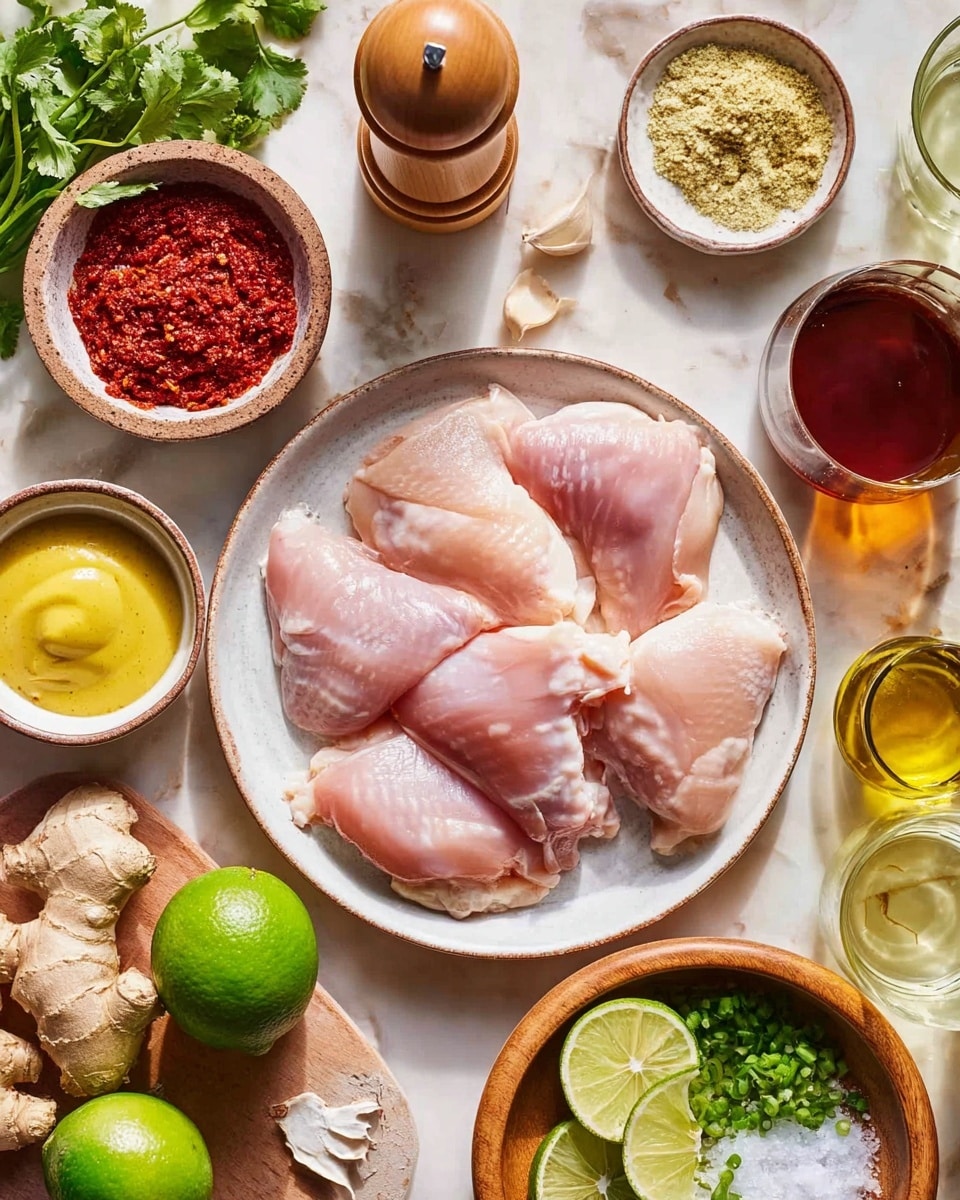 The image shows a top view of a white marbled surface with a round white plate in the center holding five pieces of raw pink chicken with smooth skin, arranged closely together. Around the plate, there are small bowls and containers with different ingredients: a light brown bowl of grated red chili paste, a whole green lime and lime wedges nearby, a small bowl of yellow mustard sauce, a small bowl with white salt, and a jar of golden olive oil. There is also a wooden bowl filled with fresh ginger root, garlic cloves, and green cilantro leaves, and a small bowl of chopped green onions with garlic slices. A glass filled with a light brown liquid, likely broth, and a glass of dark red sauce are also present. A woman’s hand is visible holding a wooden pepper grinder at the top left corner. The setting looks bright and clean. photo taken with an iphone --ar 4:5 --v 7