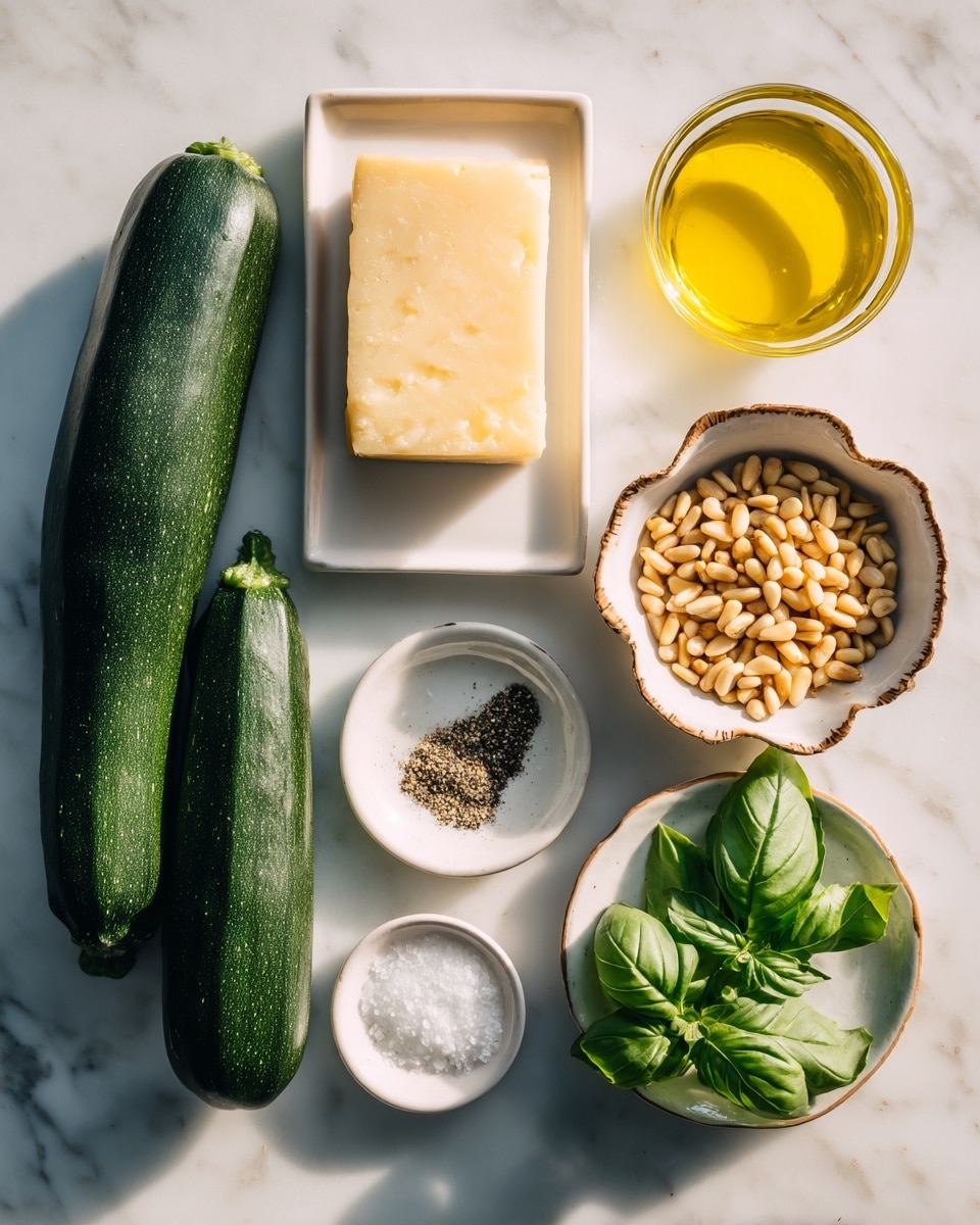 The image shows ingredients for a recipe arranged neatly on a white marbled surface. On the left, two dark green zucchinis lie side by side vertically. Above them, a rectangular block of pale yellow Parmesan cheese rests on a white rectangular plate. At the top right, a small white bowl with a brown scalloped edge is filled with toasted pine nuts, which are light brown with a slightly shiny texture. Below it, a small white plate holds coarse white salt, and next to it is another small white plate with ground black pepper in the center. To the right of those, a small glass bottle of golden olive oil sits above a small glass of light yellow lemon juice. At the bottom right, a small white plate contains fresh, bright green basil leaves. The objects have clear, soft natural lighting, and the photo is taken with an iphone --ar 4:5 --v 7