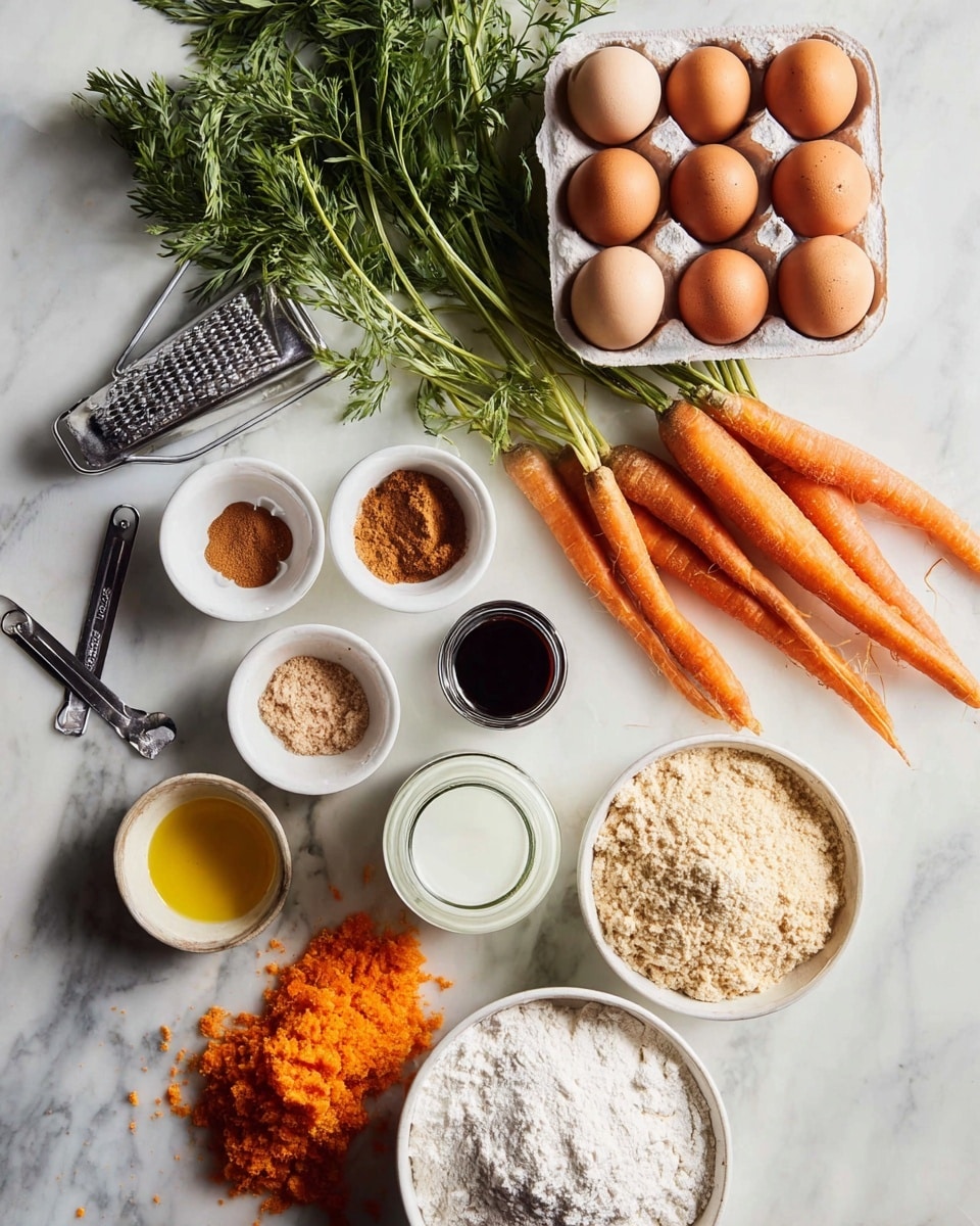 The image shows a group of baking ingredients nicely arranged on a white marbled surface. On the right, there is a white egg carton holding six brown eggs with fresh green carrot tops next to it. Below the eggs and carrot tops are four whole orange carrots, and next to them is a small glass jar filled with white liquid. In the center, there is a small glass bottle with dark liquid and three small white bowls holding brown and light brown powders. On the left side, there is a small cup with golden-yellow oil, three metal measuring spoons linked together, and a pile of bright orange grated carrot spilling out from a metal grater. At the bottom of the image, two white bowls contain light tan almond meal and white flour. The ingredients are spread out neatly and look fresh and ready to be used. photo taken with an iphone --ar 4:5 --v 7