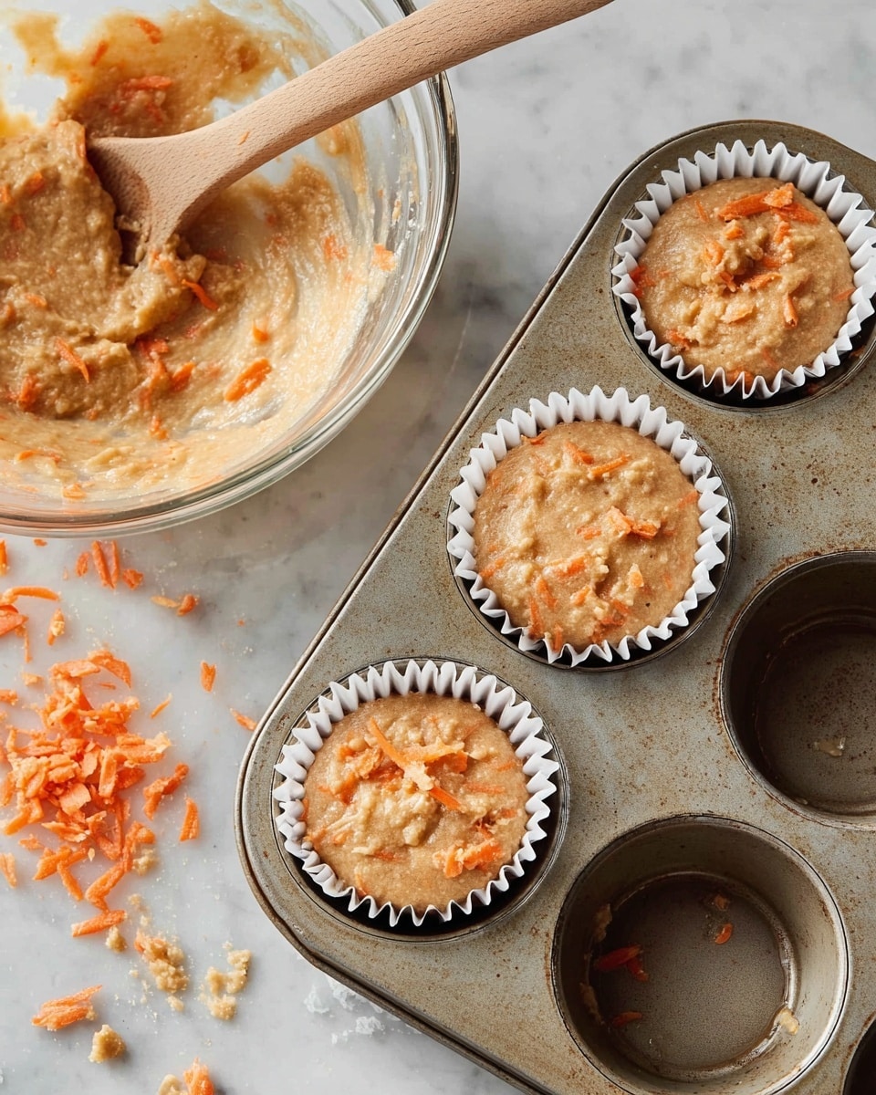 The image shows a close-up of a metal muffin tray with six slots, three of which are filled with light brown batter mixed with visible orange carrot shreds and small textured bits. Each filled slot has a white paper liner holding the batter, which looks thick and slightly lumpy. On the left side, there is a clear glass bowl with more of the same batter and a wooden spoon resting inside it. Some shredded carrot pieces and a small amount of batter are scattered on the white marbled surface around the tray and bowl. Photo taken with an iphone --ar 4:5 --v 7