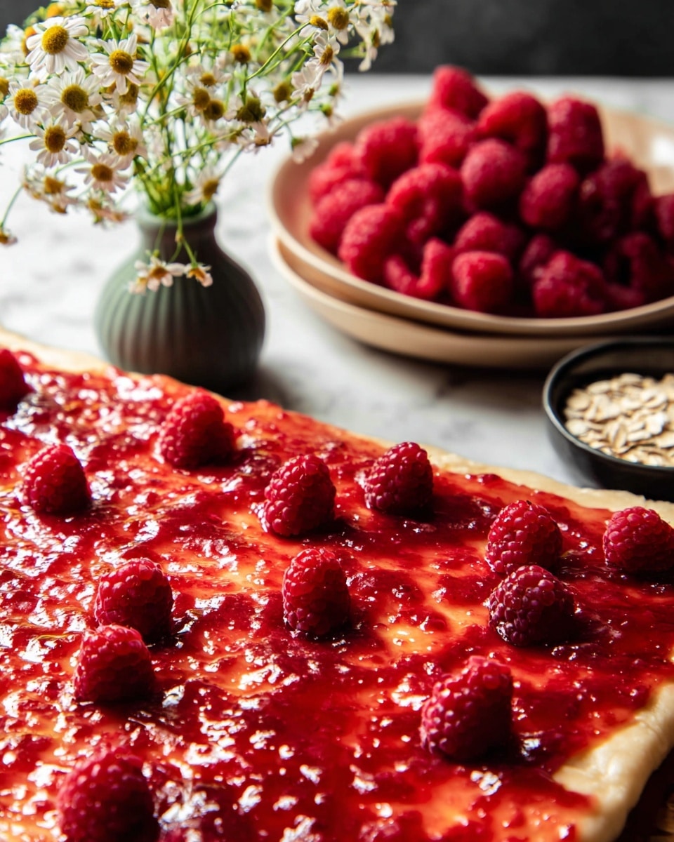 A close-up view of a rectangular dough layer spread unevenly with a shiny, red raspberry jam covering it, showing smoother and textured spots with scattered fresh raspberries on top. Behind this dough piece is a beige round plate filled with bright red raspberries and a dark bowl containing a creamy mixture sprinkled with oats. In the background, a small gray vase holds delicate white daisy-like flowers with green stems. All items are set on a white marbled surface. photo taken with an iphone --ar 4:5 --v 7