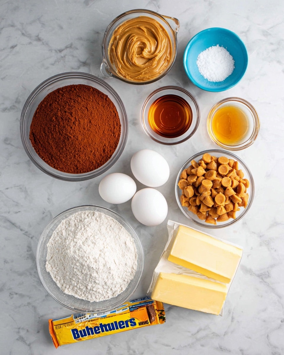 The image shows several ingredients placed on a white marbled surface, arranged in a loose grid pattern. In the center-left, there is a clear glass bowl filled with bright reddish-brown cocoa powder, next to it a measuring cup holding a smooth, thick layer of light brown peanut butter. Below the cocoa powder is a clear bowl filled with white flour, and next to it three white eggs are lying close together. To the right of the eggs, a round white bowl is filled with small, shiny butterscotch-colored chips, and nearby a small clear glass bowl holds a dark amber liquid, likely vanilla. Above this is a small blue bowl with a white powder, possibly baking soda or baking powder. At the bottom, a larger clear glass bowl is filled with white sugar, and a stick of yellow butter with wrapper partially open lies beside a bright yellow Butterfinger candy bar, providing a touch of bright color contrast. The photo taken with an iphone --ar 4:5 --v 7