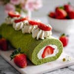 Matcha Swiss Roll Cake with Fresh Strawberries and Cream Recipe