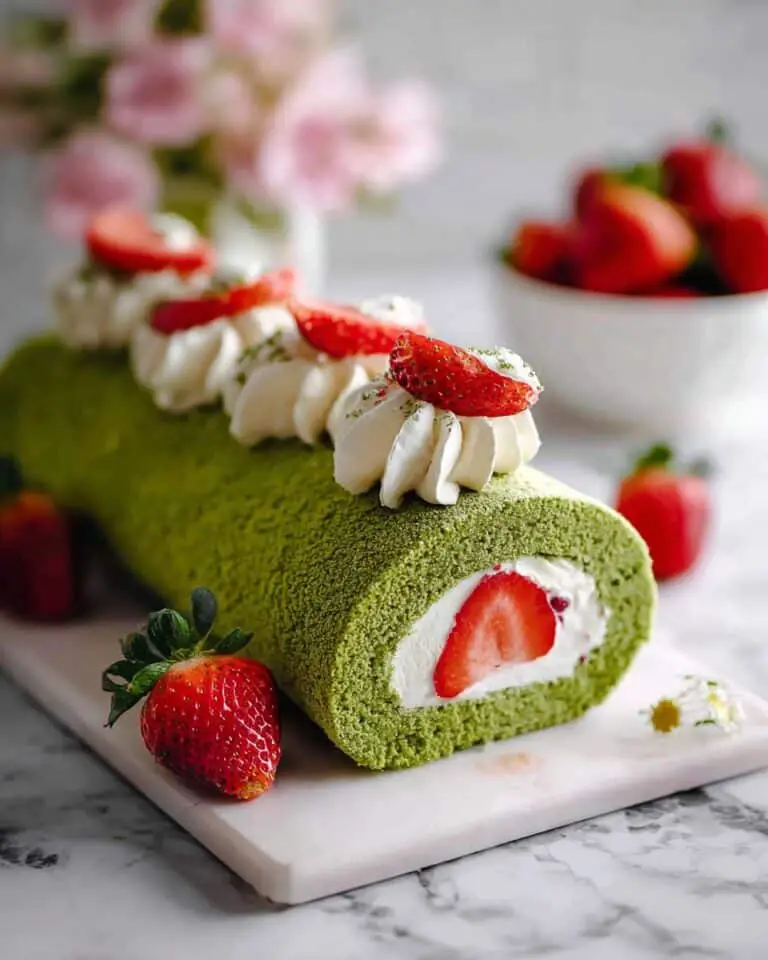 Matcha Swiss Roll Cake with Fresh Strawberries and Cream Recipe