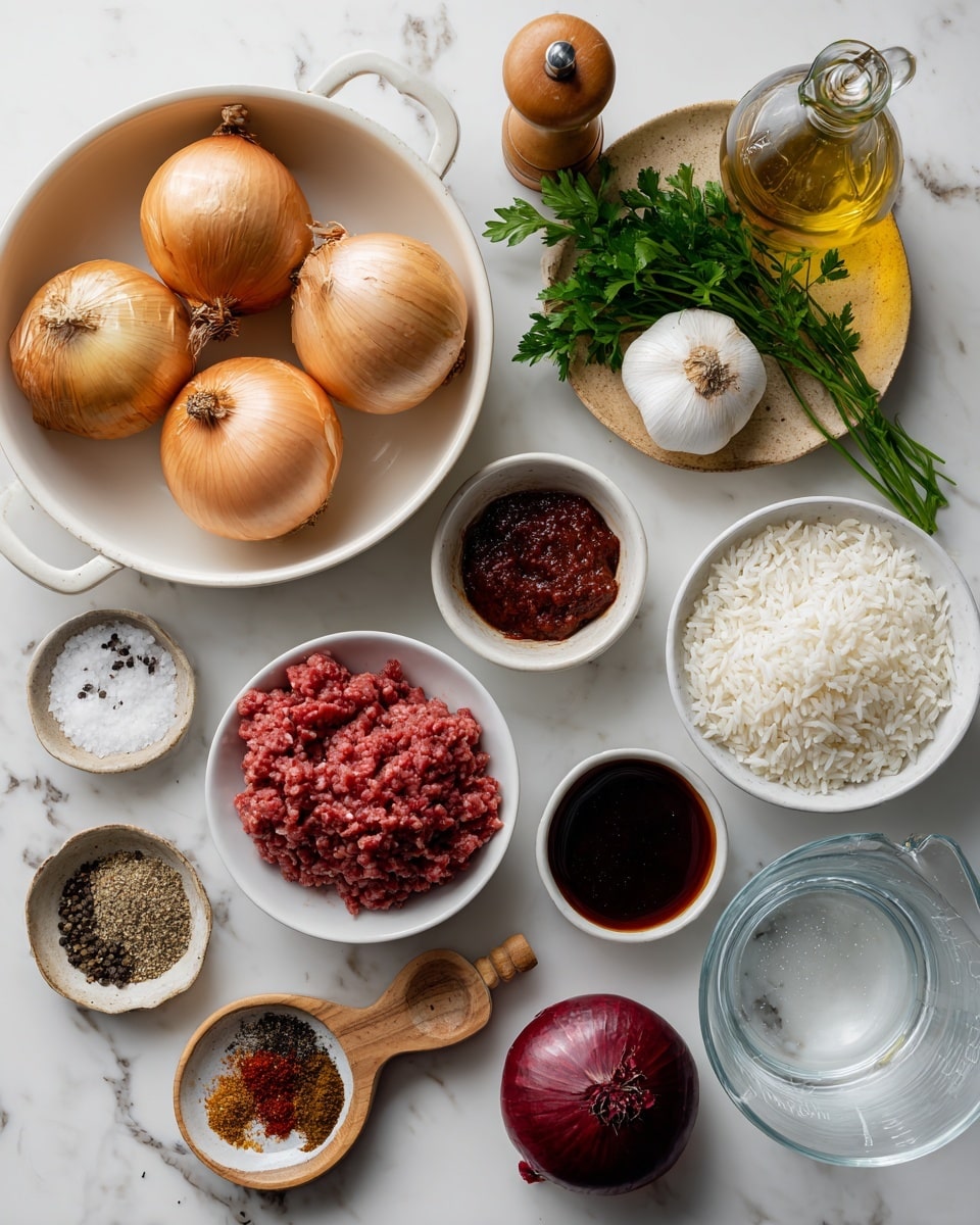 The image shows an overhead view of several ingredients placed on a white marbled surface. There is a large white round pan on the left filled with four whole brown onions. Above and around the pan are small white bowls containing salt and pepper, red pepper paste, and tomato paste with rich red colors and smooth texture. A small white bowl holds bright red ground beef next to the pan. Below that is a wooden bowl with mixed brownish spices including ground cumin, red pepper flakes, dried mint, and allspice arranged in small piles. To the right, there is a white bowl filled with white rice with a wooden spoon resting inside. Near the top right corner, a wooden board holds a bunch of fresh green parsley, two whole garlic bulbs with pale skin, and a glass bottle of golden olive oil. Below these is a clear glass measuring cup with water. A small glass filled with dark pomegranate molasses sits in a white shallow dish in the lower right part of the image. Two loose brown onions are placed on the marble near the board and pan. Photo taken with an iphone --ar 4:5 --v 7