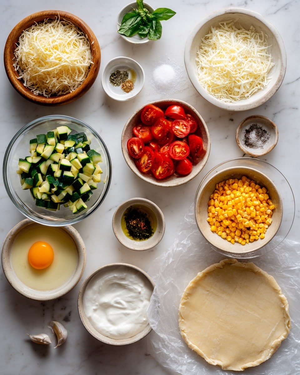 The image shows various fresh ingredients arranged neatly on a white marbled surface. There are twelve bowls and containers holding different items: finely grated Parmesan cheese in a wooden bowl, shredded orange cheese in a white bowl, white chopped onions in another white bowl, small yellow corn kernels in a beige bowl, and a medium glass bowl filled with chopped green zucchini and halved red cherry tomatoes. Small white bowls hold minced garlic, salt and pepper together, and fresh basil leaves, while a clear glass bowl contains a raw egg yolk. A small white bowl holds heavy cream, and a transparent small bowl contains olive oil. On the surface, there is a wrapped pie crust dough. The colors are vibrant with a mix of whites, yellows, reds, and greens, all presented cleanly and clearly. The photo taken with an iphone --ar 4:5 --v 7