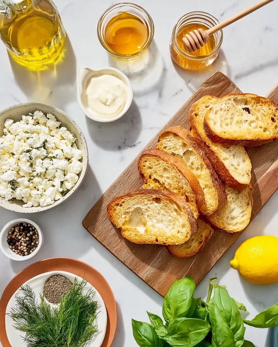 The image shows a white wooden board with five slices of toasted bread arranged in a slightly scattered stack. Next to the board is a deep white bowl filled with crumbly white cheese. To the top left of the board, there is a small white bowl holding a creamy white sauce. A clear glass jar with golden honey and a honey dipper stands beside it. Near the top left corner of the image, a glass bottle of golden olive oil is visible. To the left of the bread, a small white dish contains mixed black and white peppercorns. Below that, a small white plate with green fresh herbs like basil, rosemary, and dill sits next to a round brown plate holding a whole yellow lemon. The background is a white marbled surface giving a clean and fresh look. photo taken with an iphone --ar 4:5 --v 7
