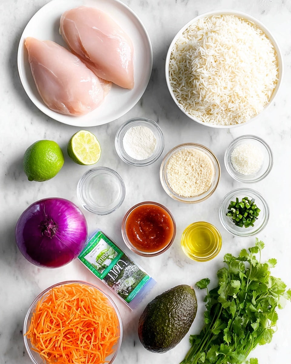 The image shows a flat lay of various fresh ingredients arranged neatly on a white marbled surface. There are two raw chicken fillets with a pale pink color on a white plate at the top left, a white bowl full of fluffy white rice at the top right, and a white plate filled with fine, light-colored crumbs on the middle right. Below the chicken, a whole red onion with purple skin and root textures is placed next to a small white bowl containing bright red sauce. A lime cut in half shows its green inside next to the sauce. Several small glass bowls hold white seasoning powders, golden olive oil, and a white crumbly cheese. A small clear plastic pack of green mini cucumbers is also present. At the bottom, a dark green avocado sits next to a clear bowl filled with orange shredded carrots, while fresh leafy green cilantro and green chives lay at the bottom edge. The composition is clean and bright, with natural colors and textures standing out vividly, photo taken with an iphone --ar 4:5 --v 7