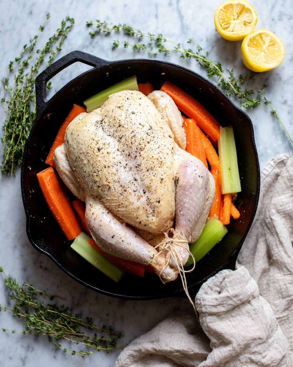 A raw whole chicken seasoned with black pepper is placed in the center of a black cast iron pan, lying on top of large pieces of orange carrot and light green celery arranged in a single layer. The chicken skin is pale and slightly shiny, with the legs tied together at the front. Around the pan, sprigs of fresh green thyme lay on a white marbled surface, along with two halved yellow lemons at the top right. A soft beige cloth is casually placed on the right side, creating a cozy and natural kitchen scene. Photo taken with an iphone --ar 4:5 --v 7