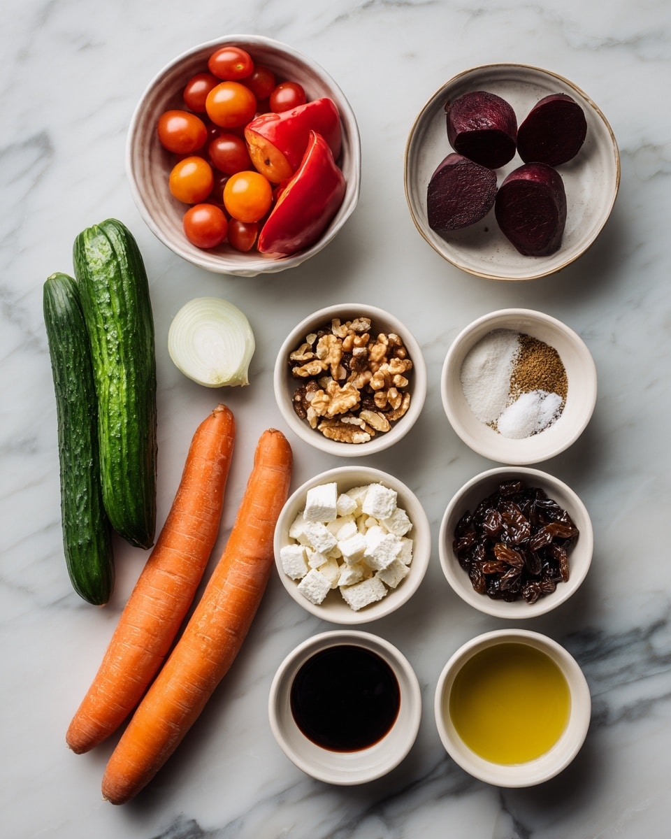 In the image, there are fresh vegetables and small bowls with ingredients on a white marbled surface. The vegetables include three small green cucumbers placed next to a large orange carrot, a red bell pepper below the cucumbers, three small dark red beets in a white bowl on the left, a small white onion slice beside the beets, and a white bowl filled with red cherry tomatoes in the top left corner. On the right side, seven small white bowls are arranged in two rows on the white marbled surface. The top row has bowls with smooth white feta cheese, brown almonds, and dark toasted walnuts. The middle row contains a bowl with dark raisins, a bowl with dark aged balsamic, and a small bowl of garlic powder. At the bottom, there are bowls with golden olive oil and a mix of salt and black pepper. A woman's hand is not shown but implied for interaction. photo taken with an iphone --ar 4:5 --v 7