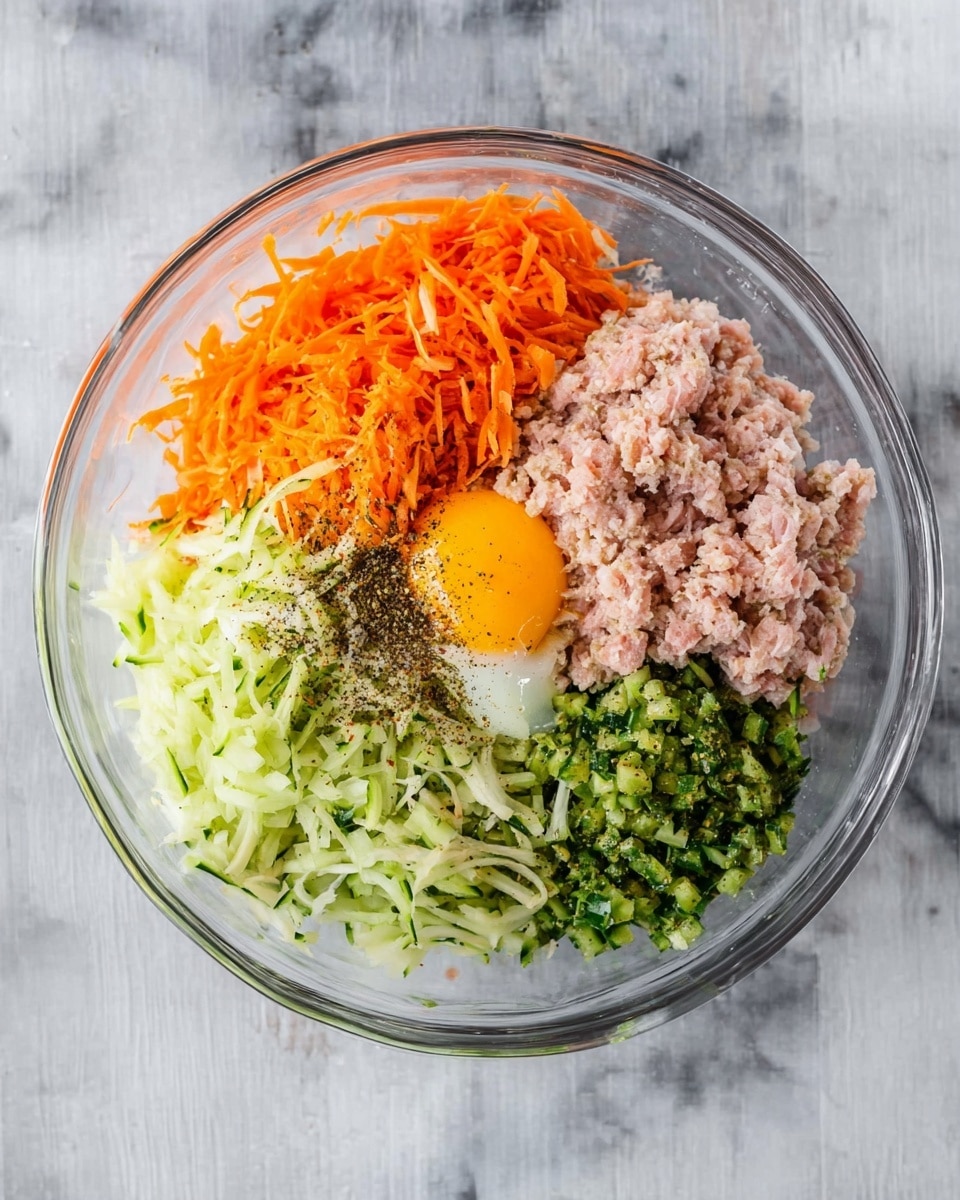 A clear glass bowl sits on a white marbled surface filled with separate layers of ingredients arranged side by side. On the left, there is a bright orange layer of shredded carrots, next to it is a light green layer of chopped celery, and below that is a darker green layer of finely chopped zucchini. On the right side, there is a pile of pale pink ground meat topped with black pepper, and above that is a cracked raw egg yolk with some black seasoning sprinkled on top. The textures are varied, showing shredded, chopped, and minced elements clearly. photo taken with an iphone --ar 4:5 --v 7
