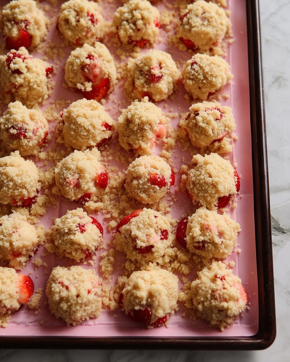 The image shows a baking tray filled with six rows of small dough balls, around six to seven in each row, topped with crumbly beige streusel. The dough is pale yellow with visible small red chunks of strawberry mixed inside, while the streusel topping is rough and uneven, adding a textured layer on top of each ball. Some strawberry pieces peek out around the edges. The tray has a pink liner under the pieces, and the background is a white marbled texture. photo taken with an iphone --ar 4:5 --v 7