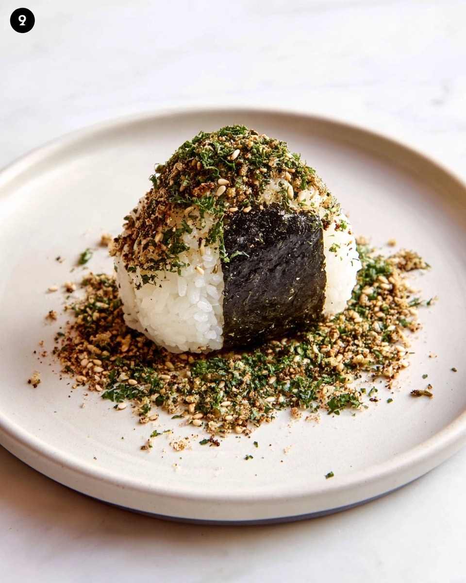 A single rice ball sits in the center of a round white plate with a smooth, matte finish. The rice ball is wrapped midway around its circumference with a dark, textured seaweed strip. The top half of the rice ball is covered with a mix of finely chopped green herbs and sesame seeds, which spill outward to form a scattered, uneven layer around it on the plate. The white rice grains are visible under the toppings, creating a bright contrast against the black seaweed and the greenish-brown seasoning mix. The plate rests on a white marbled surface. photo taken with an iphone --ar 4:5 --v 7