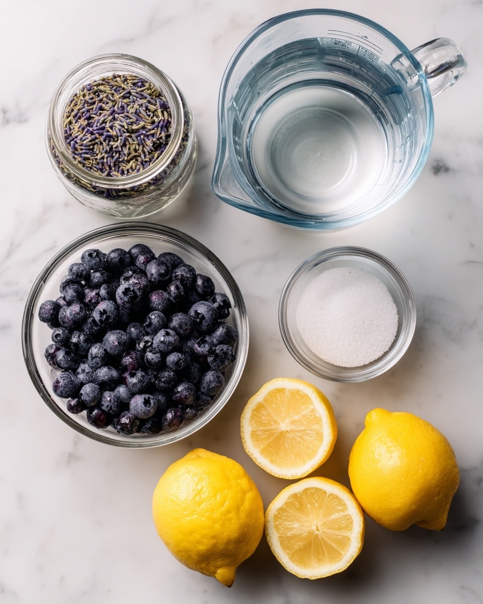 The image shows five ingredients on a white marbled surface. On the top left, there is a small glass jar filled with dried lavender buds which are purple and green in color. Below it is a clear glass bowl filled with frozen blueberries, dark purple with a frosty texture. In the center at top, there is a glass measuring cup filled with clear water. Below it, there is another clear glass bowl filled with white granulated sugar. On the right side, there are five halved lemons showing bright yellow skin and juicy, pale yellow flesh. photo taken with an iphone --ar 4:5 --v 7
