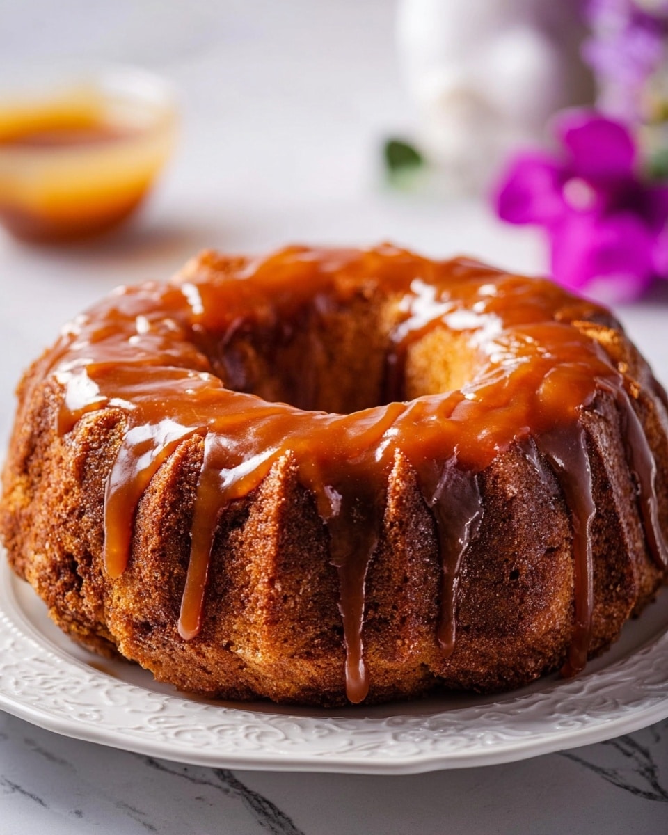 A bundt cake with a rich brown color and a slightly rough texture sits centered on a white plate with delicate raised patterns around the edge. The cake is covered in a thick layer of shiny caramel sauce that drips down the sides unevenly, creating a glossy, sticky appearance. The background shows a white marbled surface, with a small blurred dish of caramel in the back left and a purple flower on the right side. The lighting is soft and natural, highlighting the glossy caramel and the cake’s textured surface. photo taken with an iphone --ar 4:5 --v 7