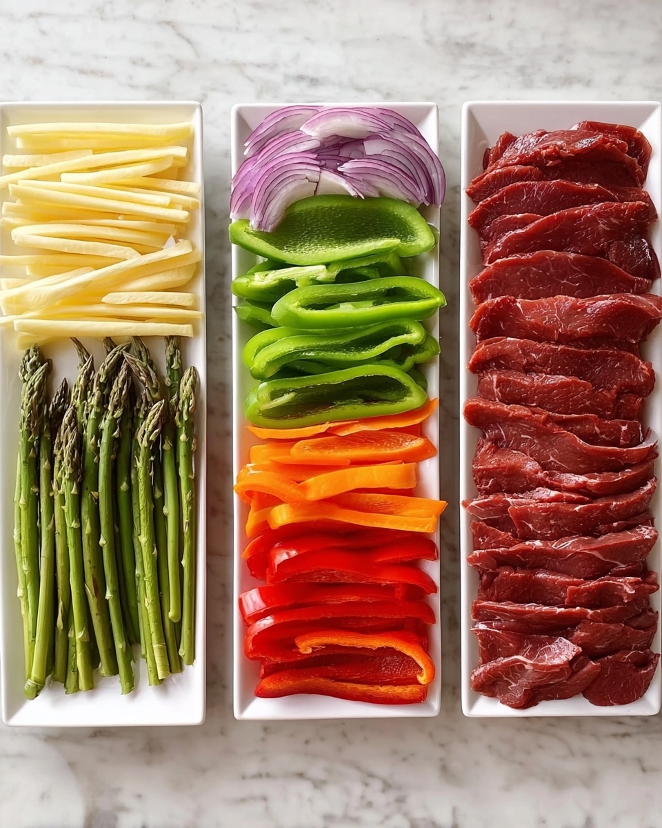 Three white rectangular plates lay on a white marbled surface, each filled with neatly arranged food items. The left plate holds four layers from top to bottom: pale yellow potato sticks, light purple sliced shallots, and bright green beans. The middle plate has four layers: bright green bell pepper strips on top, green asparagus spears below, bright orange carrot sticks beneath that, and red bell pepper strips at the bottom. The right plate is filled with several layers of thinly sliced red meat stacked closely together. The whole scene is clear and simple, with the food colors standing out against the white plates and marbled background photo taken with an iphone --ar 4:5 --v 7