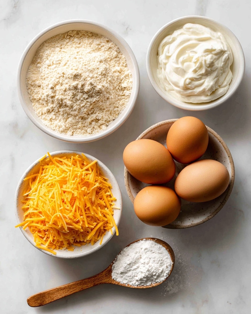 Four white bowls filled with different ingredients sit on a white marbled surface. The top left bowl holds light beige oat flour with a rough texture. To its right, a smaller bowl contains creamy white Greek yogurt with soft peaks. Below the flour, another bowl is filled with bright orange shredded cheddar cheese, its thin strands layered loosely. To the right of the cheese, a bowl holds several brown eggs with smooth shells. Below the eggs is a small wooden spoon filled with white baking powder, resting on the white marbled surface. photo taken with an iphone --ar 4:5 --v 7