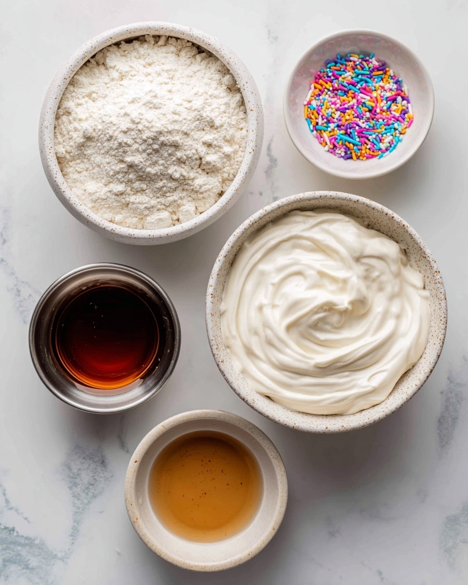 The image shows five small white bowls placed on a white marbled surface. The top right bowl contains a thick, creamy layer of plain Greek yogurt, white and smooth with slight swirls. To the left is a speckled white bowl filled with a powdery, off-white flavored protein powder with a fluffy texture. Below it is a shiny metallic bowl holding dark amber maple syrup, glossy and smooth. To the right of the syrup is a small speckled white bowl with a light brown vanilla extract liquid. Above this lies a small white bowl filled with colorful sprinkles in various shapes and bright colors like purple, yellow, blue, pink, and orange. Photo taken with an iphone --ar 4:5 --v 7