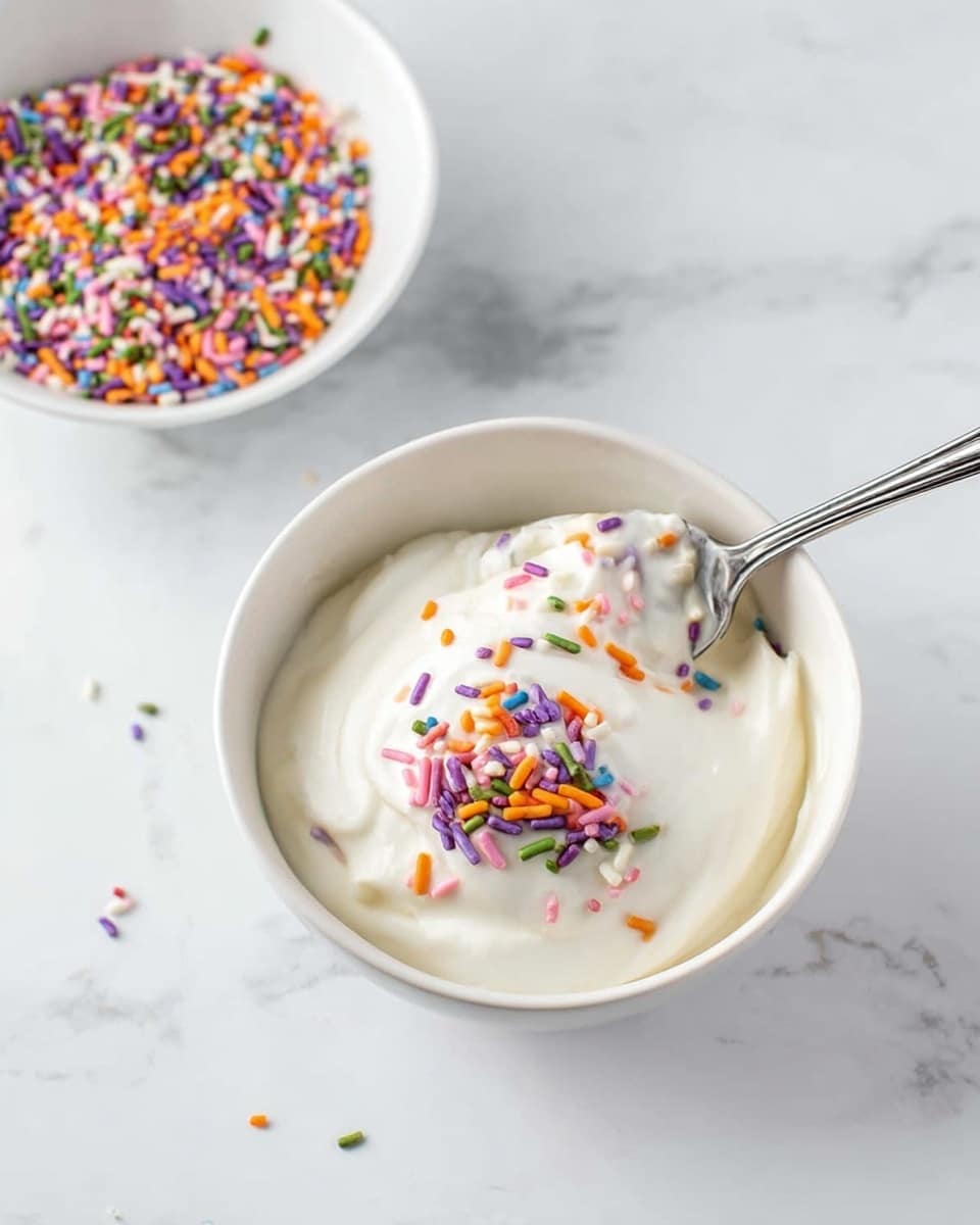 A white bowl filled with smooth white cream, topped with a small pile of colorful sprinkles in purple, orange, green, pink, and blue. A silver spoon is dipping into the cream, gathering some of it along with a few sprinkles. To the top left of the bowl, there is a small white bowl filled with more of the same colorful sprinkles. The background is a white marbled surface. photo taken with an iphone --ar 4:5 --v 7