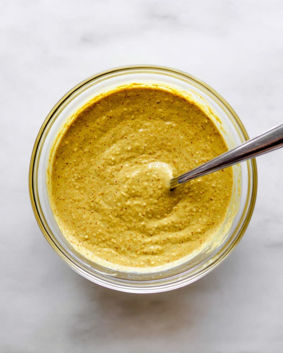A clear glass bowl filled with a thick, grainy mustard sauce that is a yellowish color with small specks throughout. Inside the bowl, there is a silver spoon resting on the side, partially dipped into the sauce which has a creamy but slightly textured surface. The bowl is placed on a white marbled surface that brightens the whole scene. Photo taken with an iphone --ar 4:5 --v 7