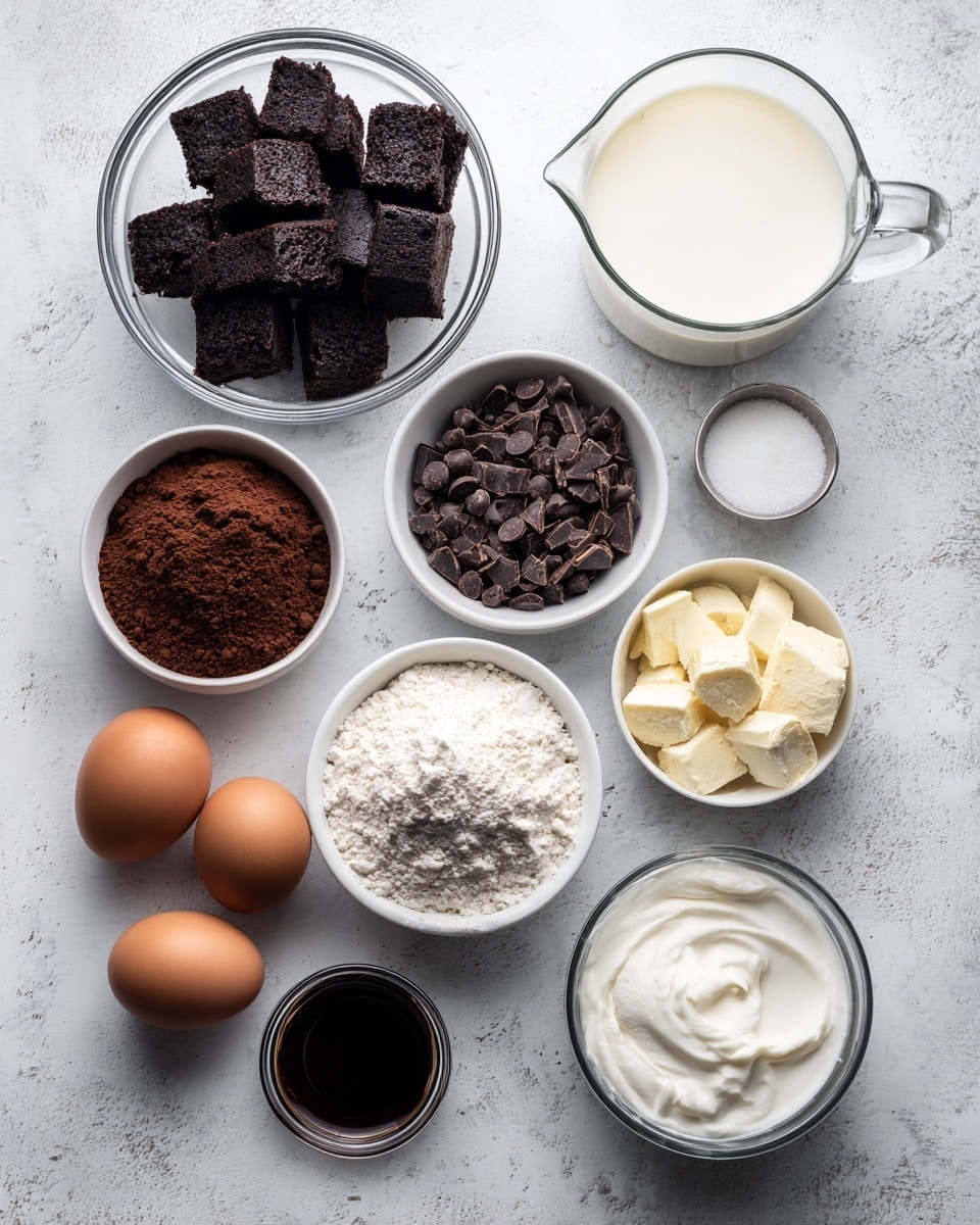 A clear glass bowl sits at the top center filled with golden light yellow cubed buttery bread, showing its soft and fluffy texture with a crisp crust. Below it on the left is a white bowl packed full of small dark brown chocolate chips with a shiny surface. To the right of the bowl of chips is a clear glass measuring cup holding white milk with a smooth surface and small bubbles. Beneath the chocolate chips is another white bowl filled with fine, powdery dark brown cocoa powder. To the right of this bowl is a white bowl packed tightly with white granulated sugar. Below the cocoa powder is a white bowl containing large pieces of chopped dark chocolate, their edges sharp and shiny. To the right is a slightly larger white bowl with five smooth brown eggs nestled together. Below the chopped chocolate is a small glass bowl with dark brown vanilla extract liquid, glossy and reflective. Finally, a clear glass measuring cup with thick heavy cream in white sits at the bottom center. All bowls and cups are set on a flat white marbled surface. Photo taken with an iphone --ar 4:5 --v 7