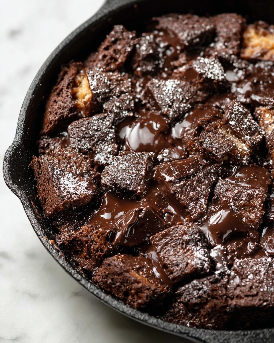 The image shows a close-up of a skillet filled with a rich chocolate bread pudding. The dish has multiple layers of dark brown, toasted bread pieces that are unevenly shaped, giving it a rustic texture. Melted chocolate sauces slowly spread over the top, forming shiny, thick patches that glisten under the light. Powdered sugar is lightly sprinkled across the entire surface, adding a dusting of white contrast to the deep browns. The skillet itself is black and sits on a white marbled surface, enhancing the rich colors of the dessert. photo taken with an iphone --ar 4:5 --v 7