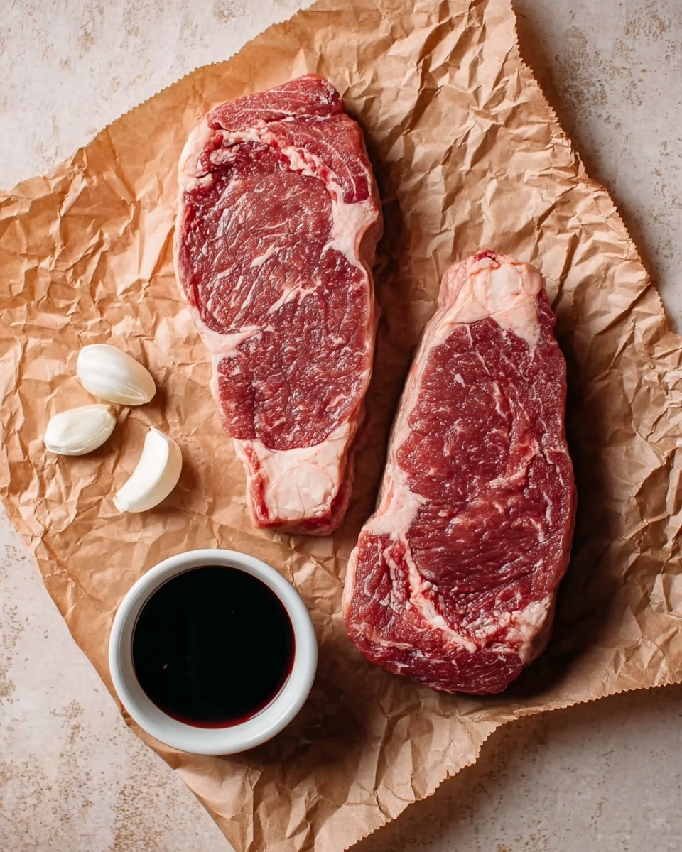 Two raw steaks with white fat marbling are placed side by side on crinkled brown paper. To the left of the steaks, two peeled garlic cloves rest on the paper, and below them is a small white bowl filled with a dark liquid, likely a sauce or marinade. The whole setup is on a surface with a light color and subtle texture. photo taken with an iphone --ar 4:5 --v 7
