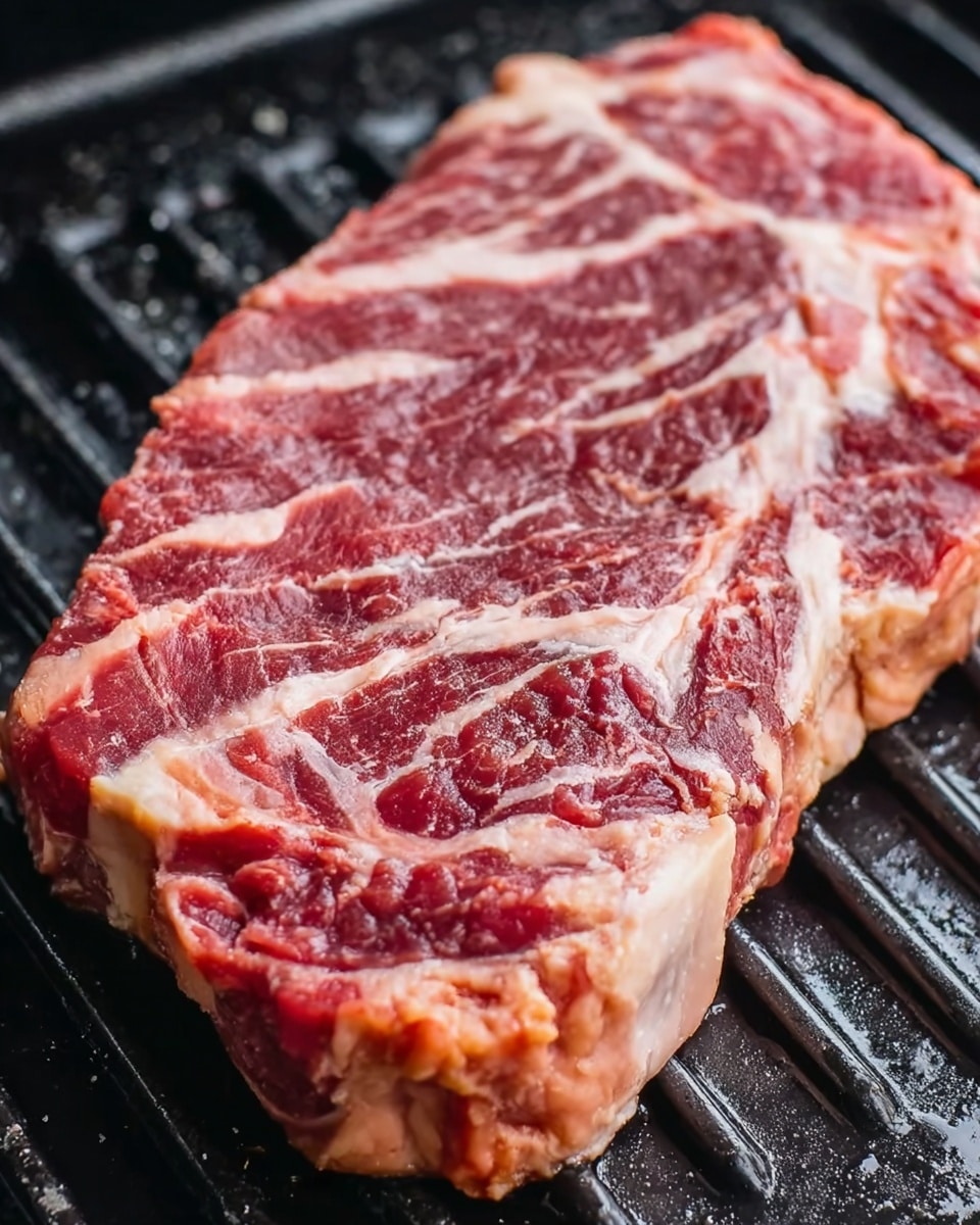 A close-up image of a thick raw steak laying on a black grill with parallel lines running underneath it. The steak has visible marbling with white streaks of fat spread unevenly throughout the reddish-pink meat. The edges have a mix of light pink fat, and the texture looks moist and slightly shiny. The background surface is a white marbled texture. Photo taken with an iphone --ar 4:5 --v 7