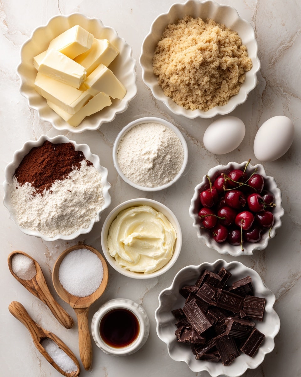 The image shows individual small white bowls and spoons arranged on a white marbled surface, each holding one baking ingredient. From top left to bottom right, there is a scalloped white bowl with several pale yellow chunks of butter, a larger white bowl filled with light brown crumbly brown sugar, a small fluted white bowl with clear pale yellow oil, a white bowl of white granulated sugar, a white bowl of light brown cocoa powder, a white bowl of white flour, and a white bowl of bright red cherries. Nearby, three white eggs rest directly on the surface. Two small wooden measuring spoons are shown holding dark brown vanilla extract and salt, another wooden spoon with white cornstarch, and a scalloped white bowl holding white cream cheese. Lastly, there is a white ruffled bowl filled with dark brown chopped chocolate pieces. Each item is neatly labeled with black rectangular tags and white text. Photo taken with an iphone --ar 4:5 --v 7