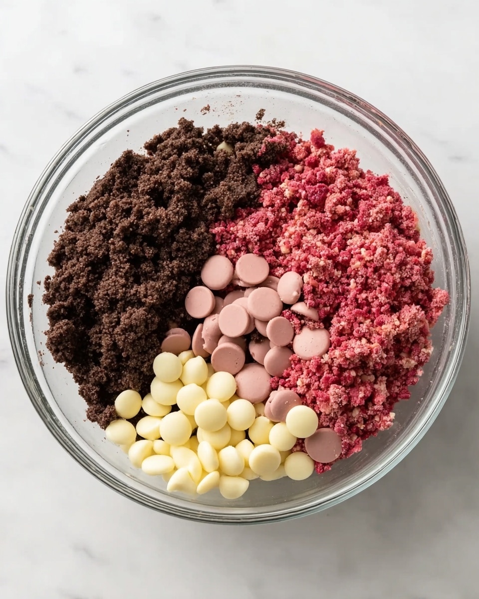 A clear glass bowl sits on a white marbled surface, filled with four different layers of ingredients. The bottom and largest layer is crumbly, dark brown chocolate dough pressed against one side of the bowl creating a textured base. On top of this base, there are three separate piles: small bright pink raspberry pieces with a rough texture, smooth round pale yellow white chocolate chips, and round light pink chocolate buttons with a flat, shiny surface. Each ingredient remains separated and distinct inside the bowl. Photo taken with an iphone --ar 4:5 --v 7