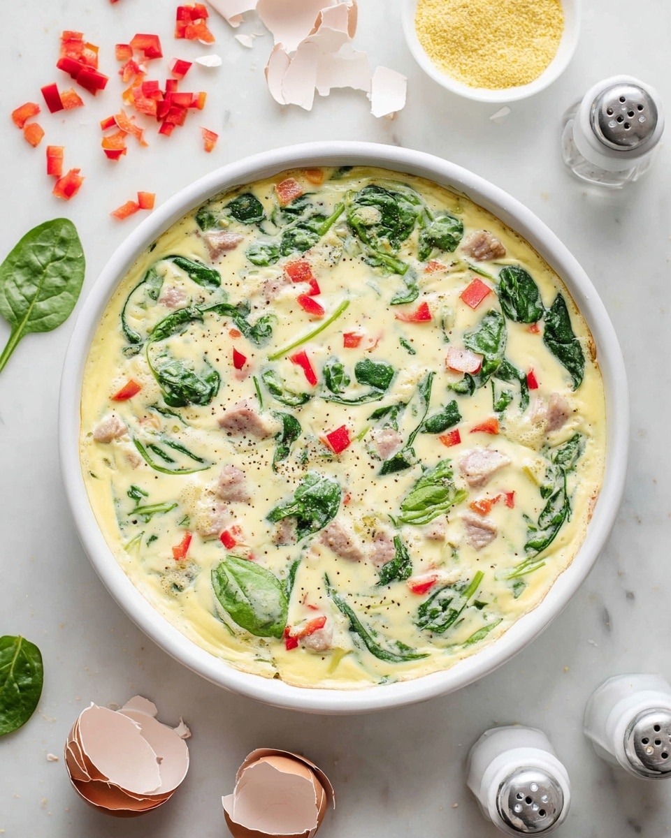 This image shows a white round dish filled with a creamy mixture that has three main layers of ingredients. The base is a pale yellow liquid, likely a mix of eggs and cream. Scattered throughout the mixture are bright green spinach leaves and small pieces of light pink meat, along with small red chunks that look like bell peppers. Around the dish, there are broken eggshells scattered on a white marbled surface, along with some loose pieces of spinach and red pepper, plus a white bowl with a yellow powder and salt and pepper shakers close by. The scene is bright and clean, with the dish centered in the frame. photo taken with an iphone --ar 4:5 --v 7