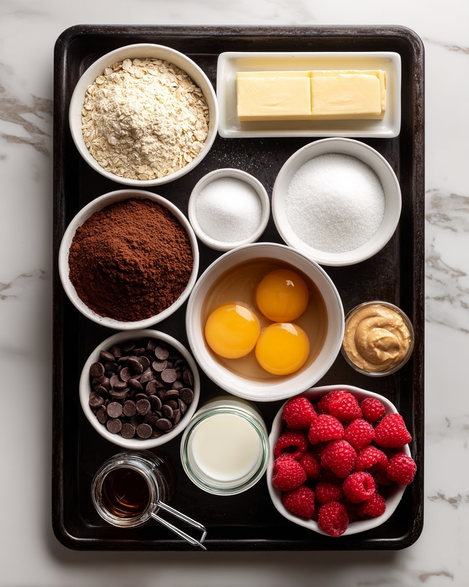 A rectangular black baking tray is placed on a white marbled surface. On the tray, there are eleven small white bowls and one glass bowl arranged neatly. From the top left, there is a bowl of light beige oat flour with a powdery texture, next to it on the right is a stick of yellow butter. Below the butter is a bowl of white granulated sugar. To the right of sugar is a small pile of salt. Below oat flour is a bowl of dark brown cocoa powder with a fine texture. To the right, a bowl of smooth light brown almond butter sits next to two raw eggs in a clear glass bowl, showing bright yellow yolks and clear whites. Under the cocoa powder is a small glass jar of white milk. Beside it is a small dark brown bottle with vanilla extract. Below the milk is a clear bowl filled with bright red raspberries. Next to the raspberries is a metal measuring cup filled with small, round dark chocolate chips. All items are neatly labeled with black text on a white background. Photo taken with an iphone --ar 4:5 --v 7