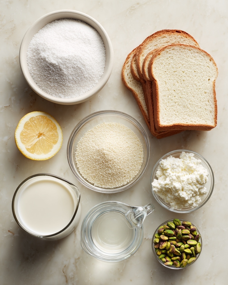 The image shows a white marbled surface with several small bowls and containers arranged neatly. There is a large white bowl filled with white sugar on the left, next to a lemon half placed beside a small clear bowl of white corn starch. A small white bowl filled with fine semolina sits nearby. Four slices of white bread are stacked on the upper right side, adjacent to a round container of white ricotta cheese. Below that, there is a white cup filled with whole milk and a small clear bowl of green pistachios. A clear glass jug of water is on the left near a green bottle of orange blossom water. All items are clearly visible and evenly spaced photo taken with an iphone --ar 4:5 --v 7