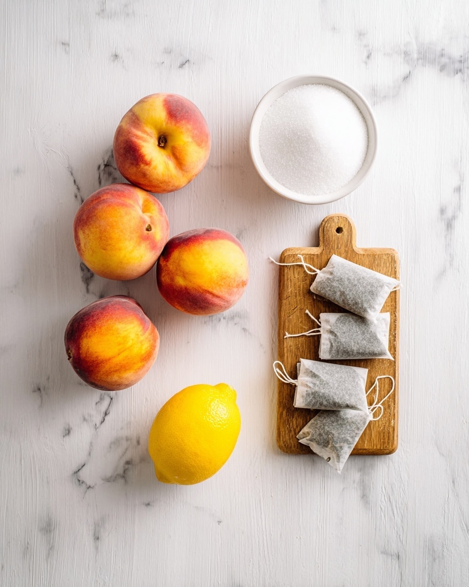 The image shows five ripe peaches with red and yellow colors arranged in a loose cluster on the left side on a white marbled surface. Below them, there is a bright yellow lemon. To the right, there is a white round bowl filled with white sugar positioned near the top right. Below the bowl, a small wooden board holds several tea bags with gray paper, each with strings and tags, overlapping neatly. The whole scene is clean and bright with a natural look. photo taken with an iphone --ar 4:5 --v 7